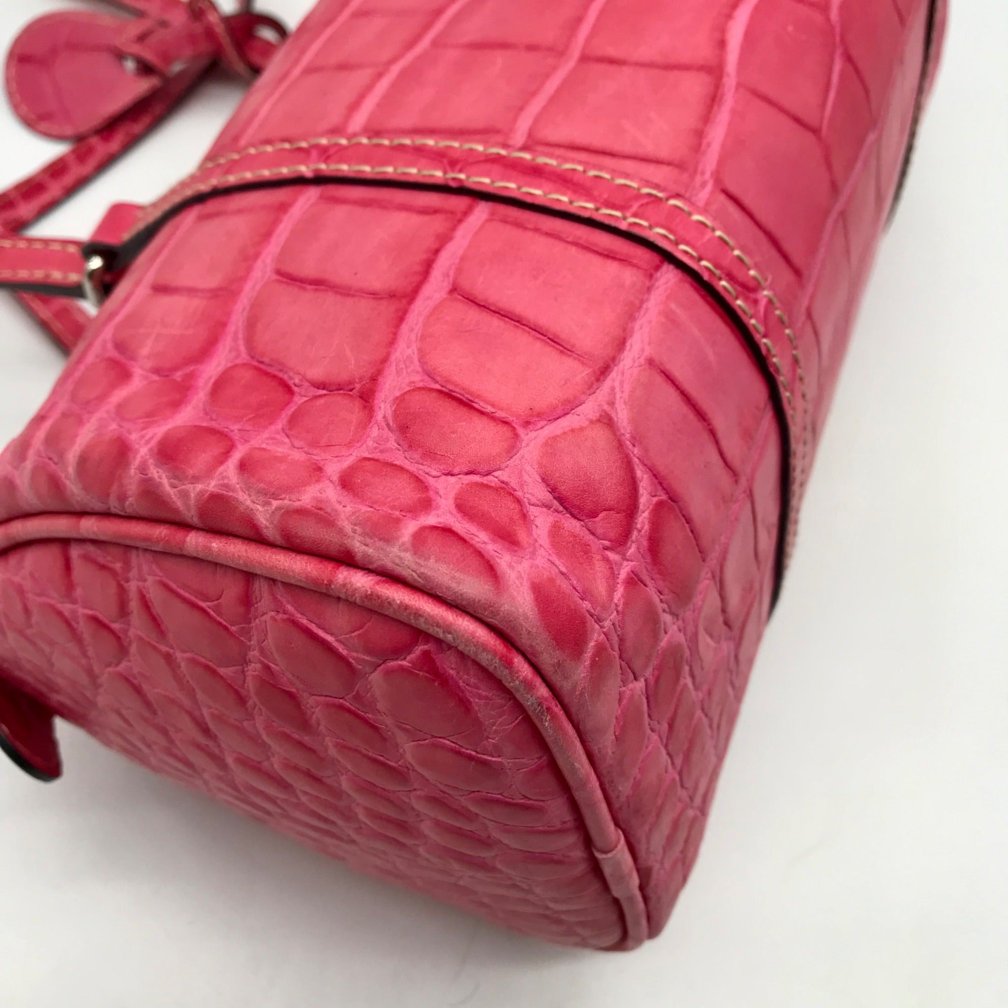 Brahmin Pink Croc Embossed Leather Nile Barrel Shoulder Bag