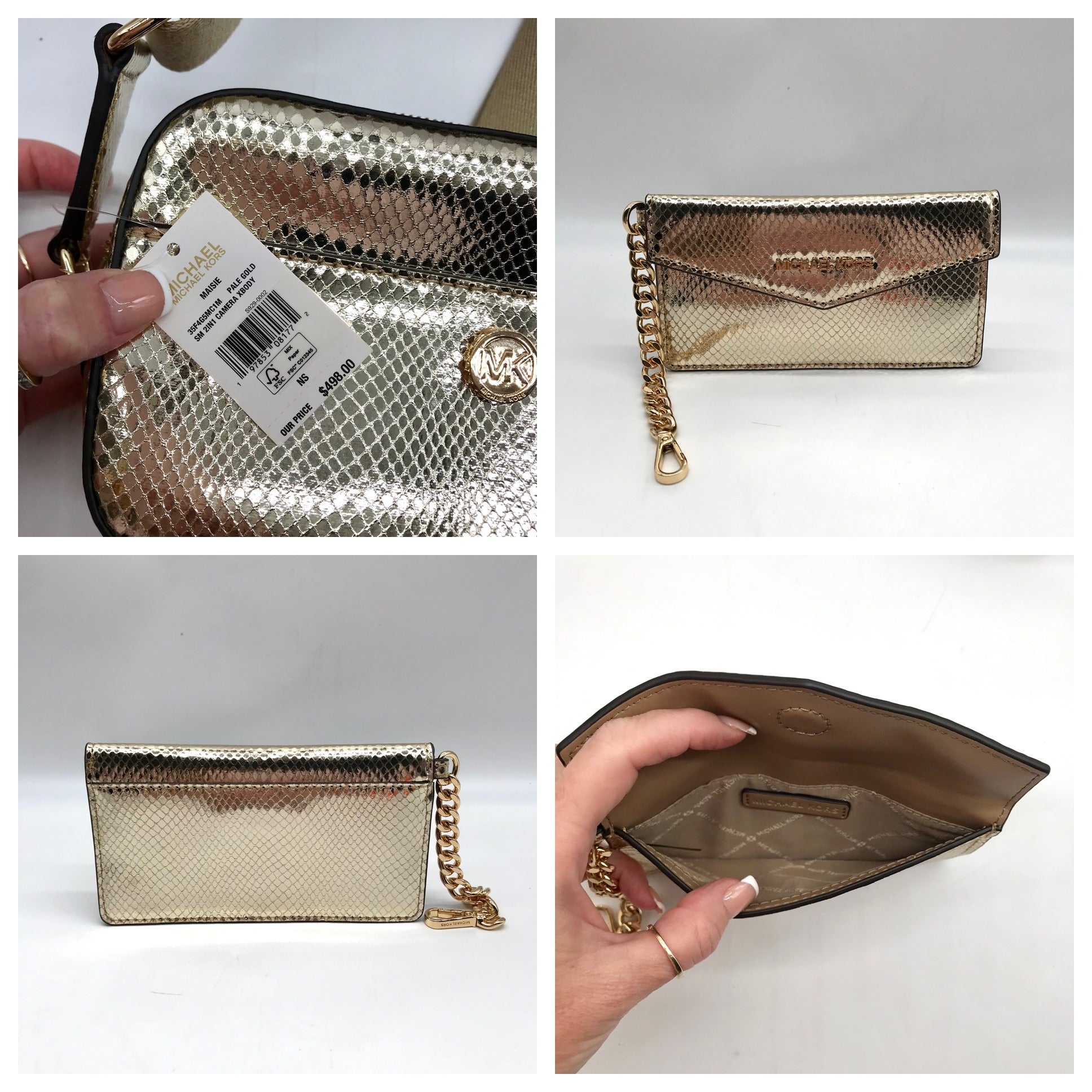 Michael Kors Metallic Gold Leather Maisie 2-In-1 Camera Crossbody Bag