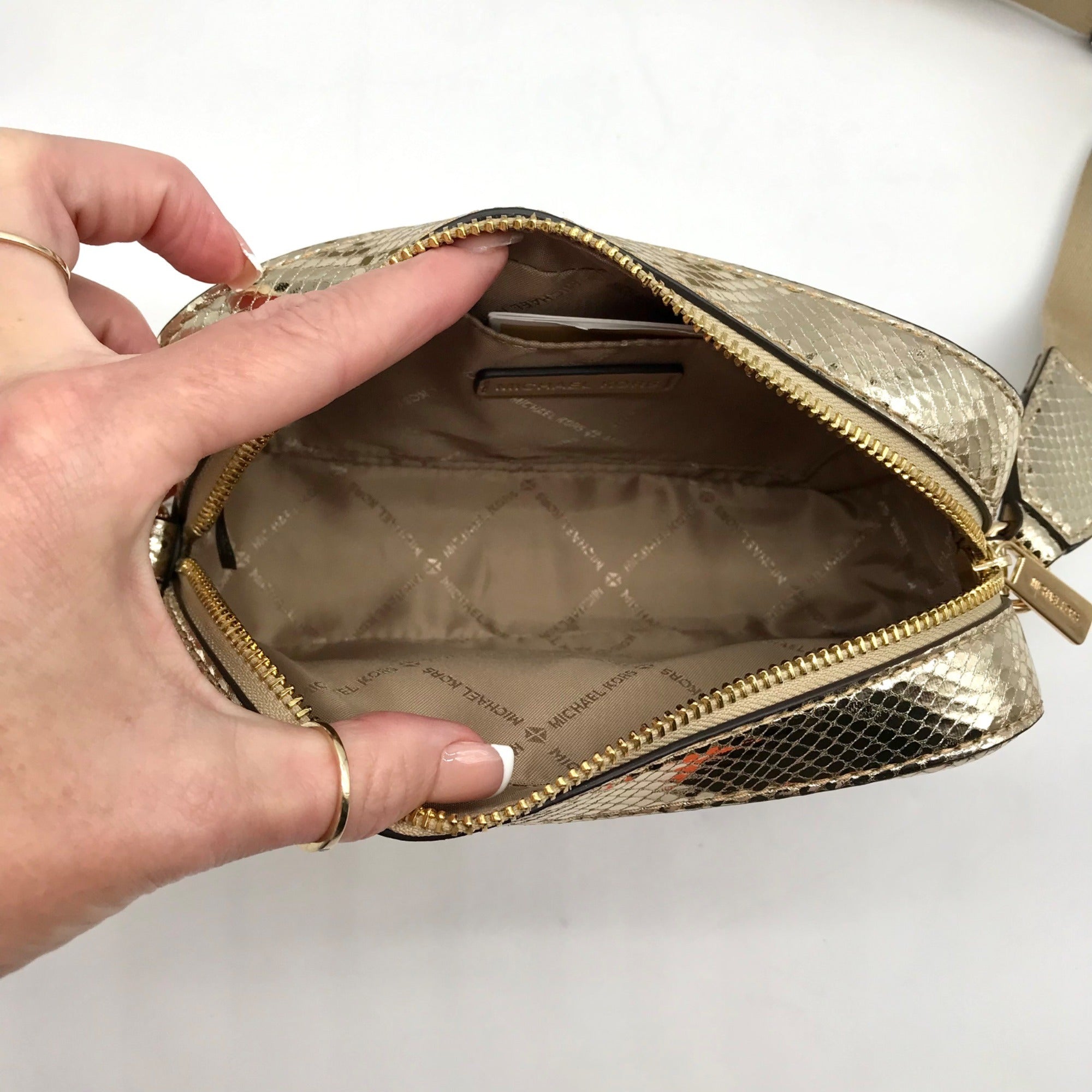 Michael Kors Metallic Gold Leather Maisie 2-In-1 Camera Crossbody Bag