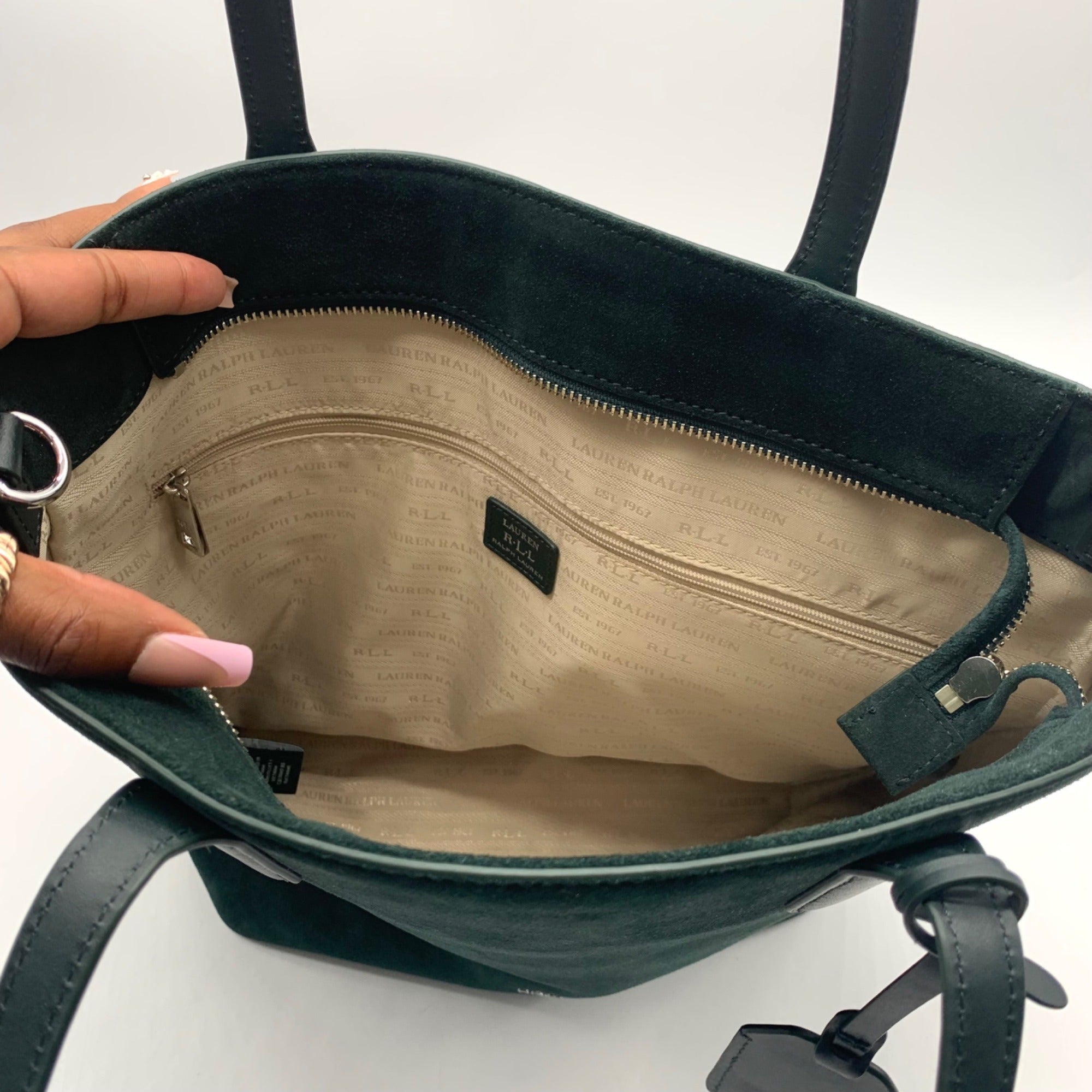 Ralph Lauren Pine Green Suede Alexis Tote Bag