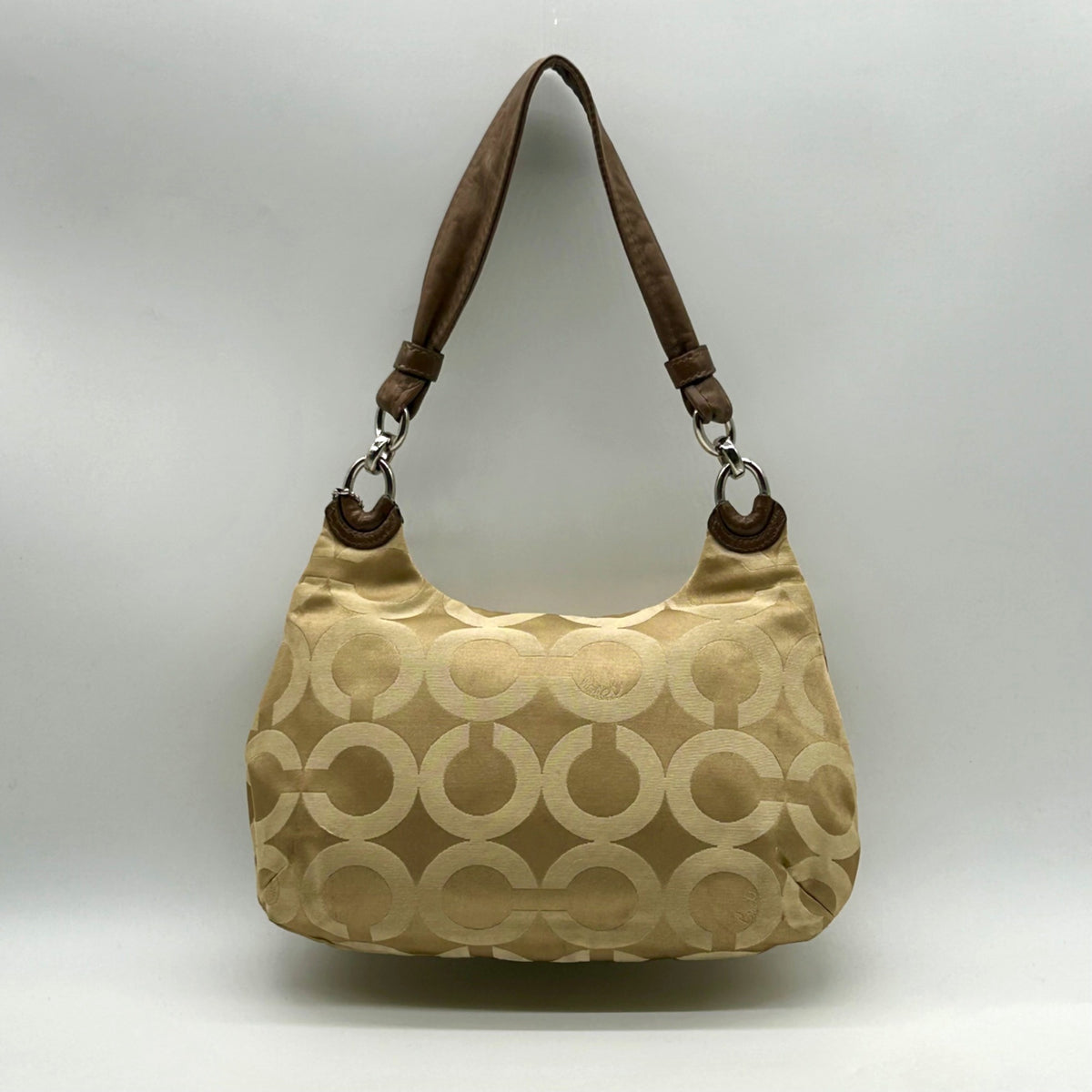 Coach Khaki Op Art Signature Canvas Hobo Shoulder Bag
