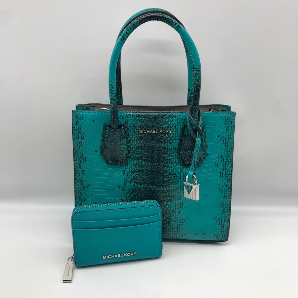 Michael Kors Blue Snake Embossed Leather Studio Mercer Convertible Satchel &amp; Wallet