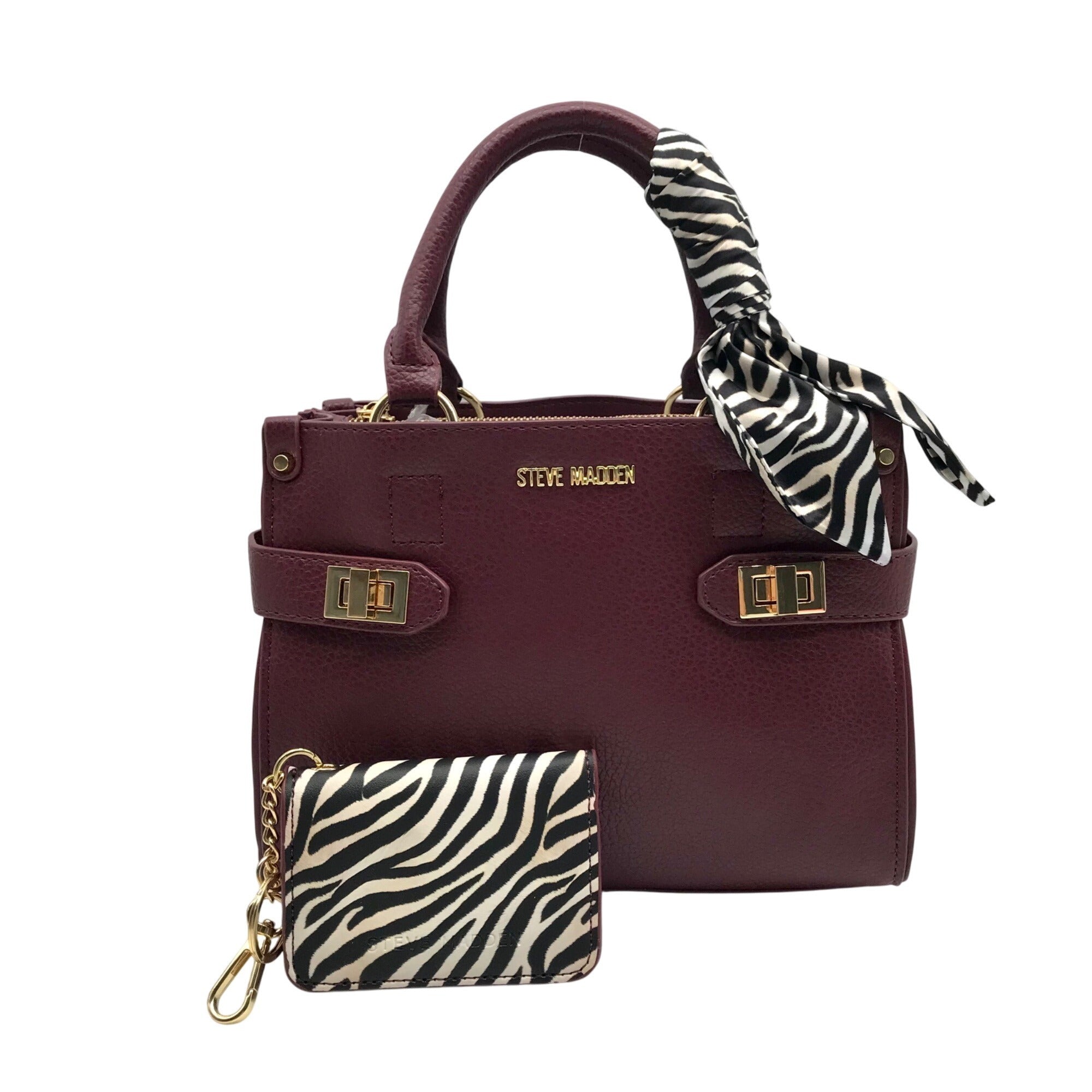 Steve Madden Burgundy Satchel With Animal Print Scarf And Card Holder Wallet
