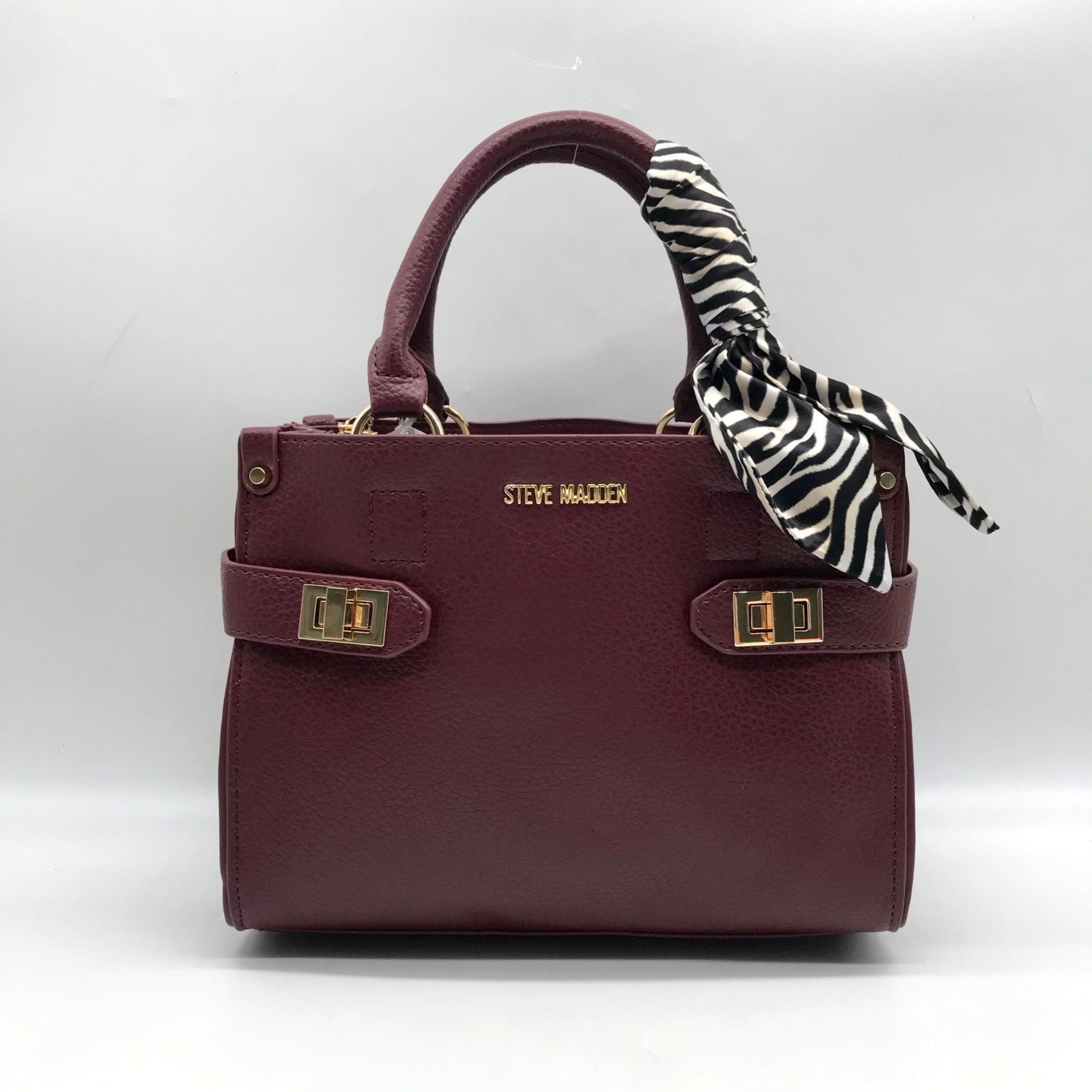 Steve Madden Burgundy Satchel With Animal Print Scarf And Card Holder Wallet