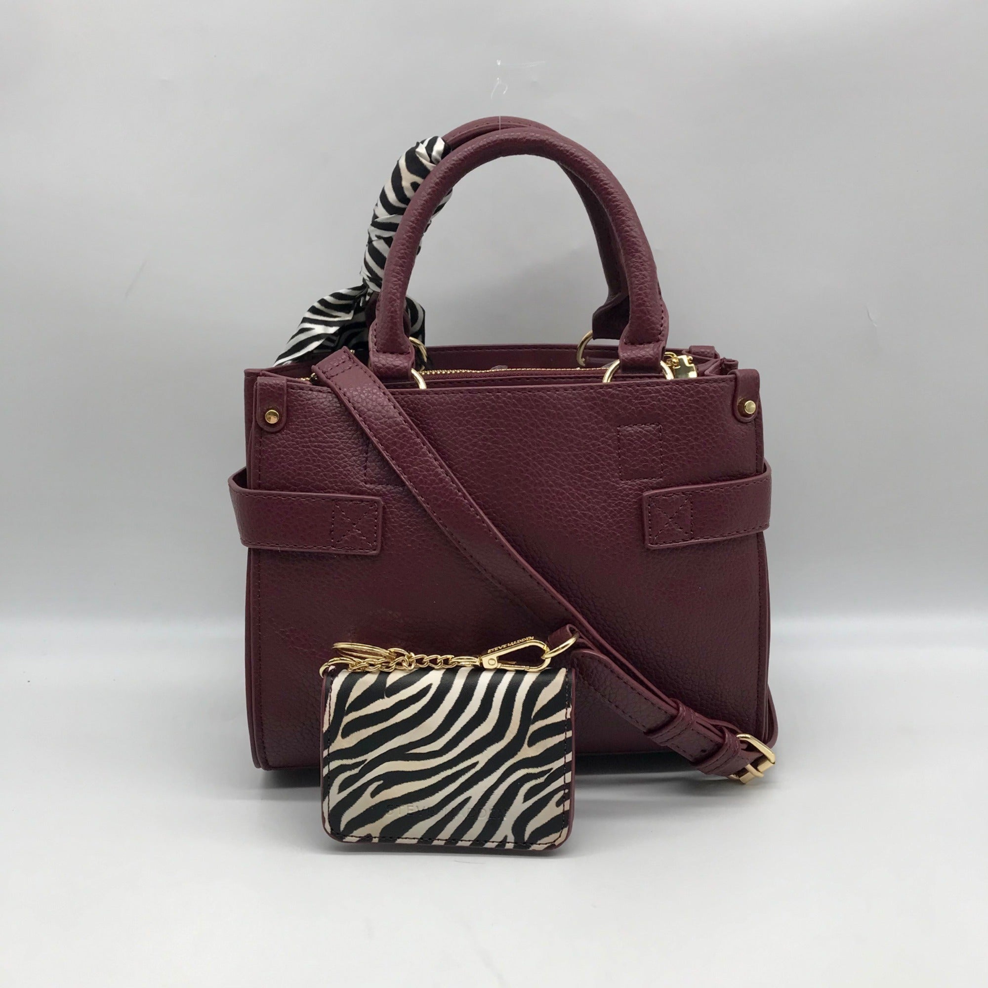 Steve Madden Burgundy Satchel With Animal Print Scarf And Card Holder Wallet