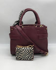 Steve Madden Burgundy Satchel With Animal Print Scarf And Card Holder Wallet