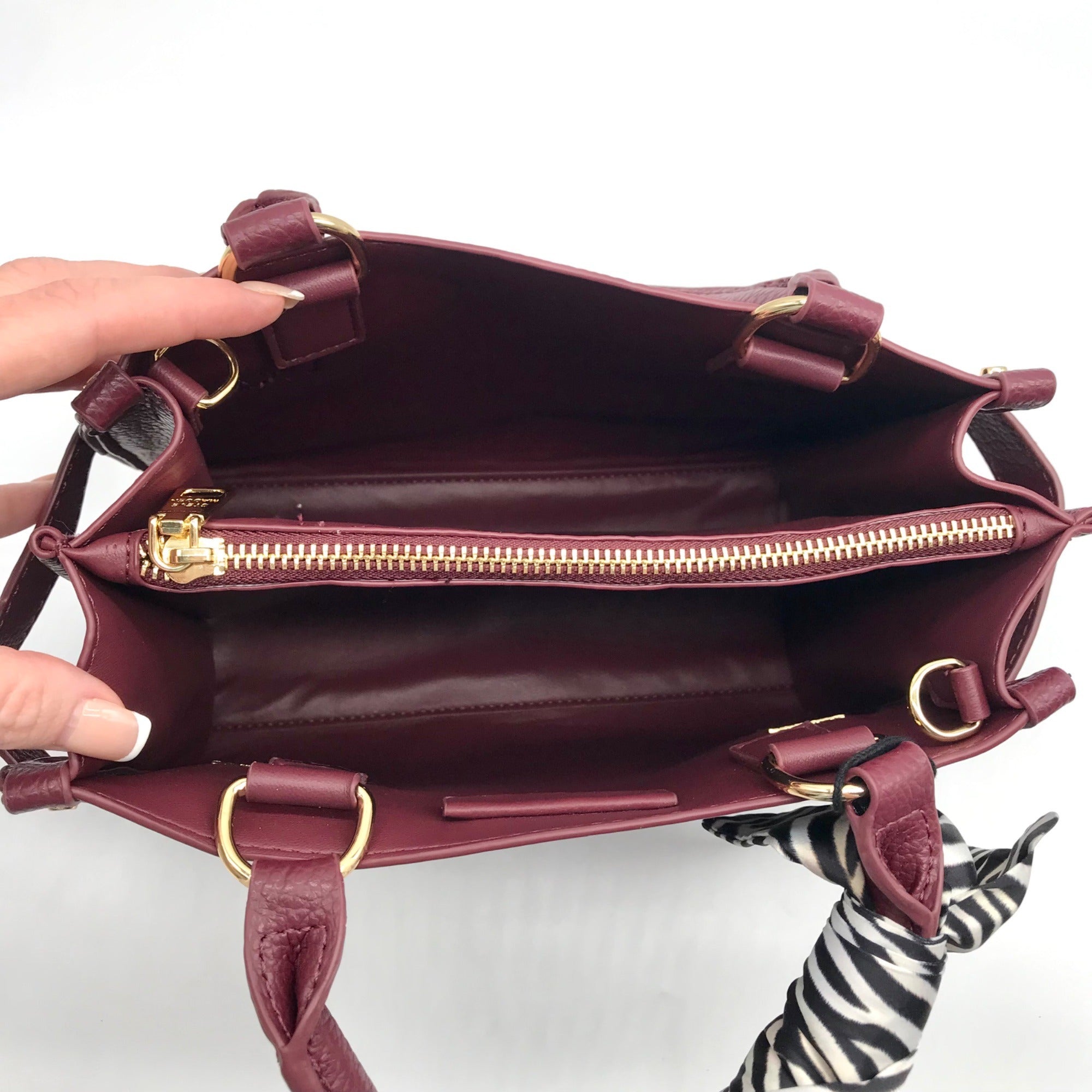 Steve Madden Burgundy Satchel With Animal Print Scarf And Card Holder Wallet
