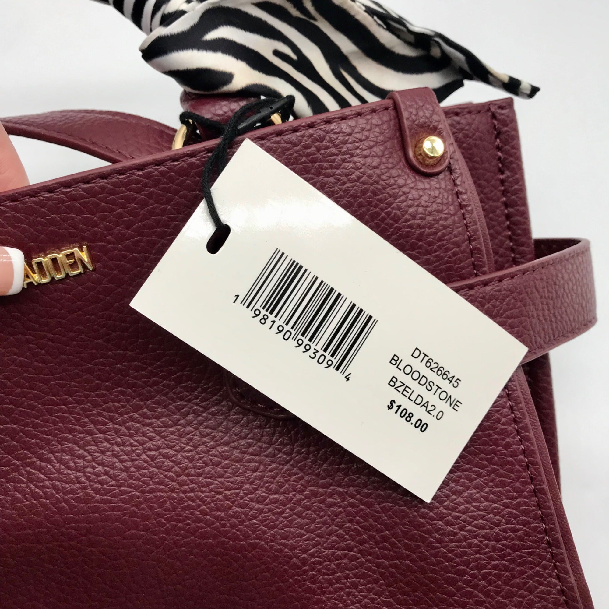 Steve Madden Burgundy Satchel With Animal Print Scarf And Card Holder Wallet