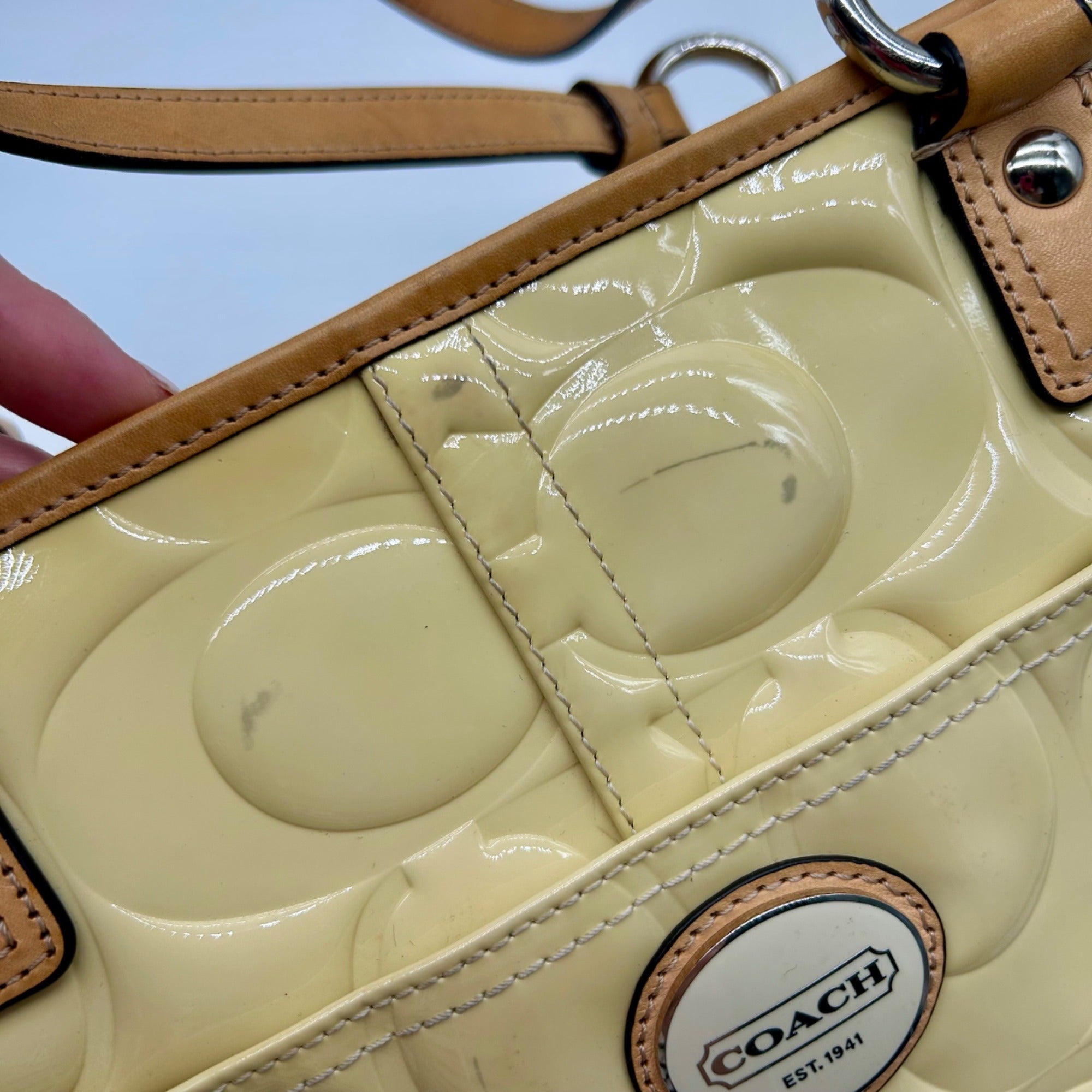 Coach Yellow Peyton Embossed Patent Leather Signature Logo Tote Bag F22322