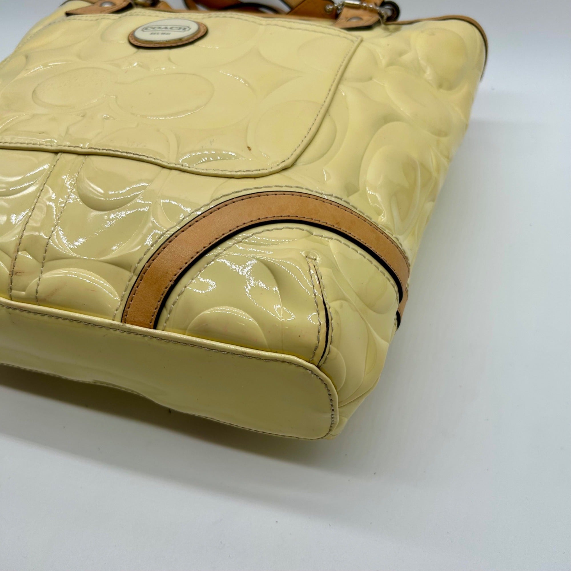 Coach Yellow Peyton Embossed Patent Leather Signature Logo Tote Bag F22322