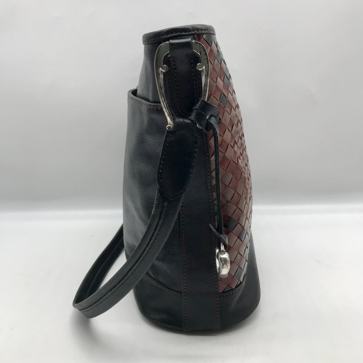 Brighton Patent Leather Vintage Black And Brown Woven Shoulder Bag
