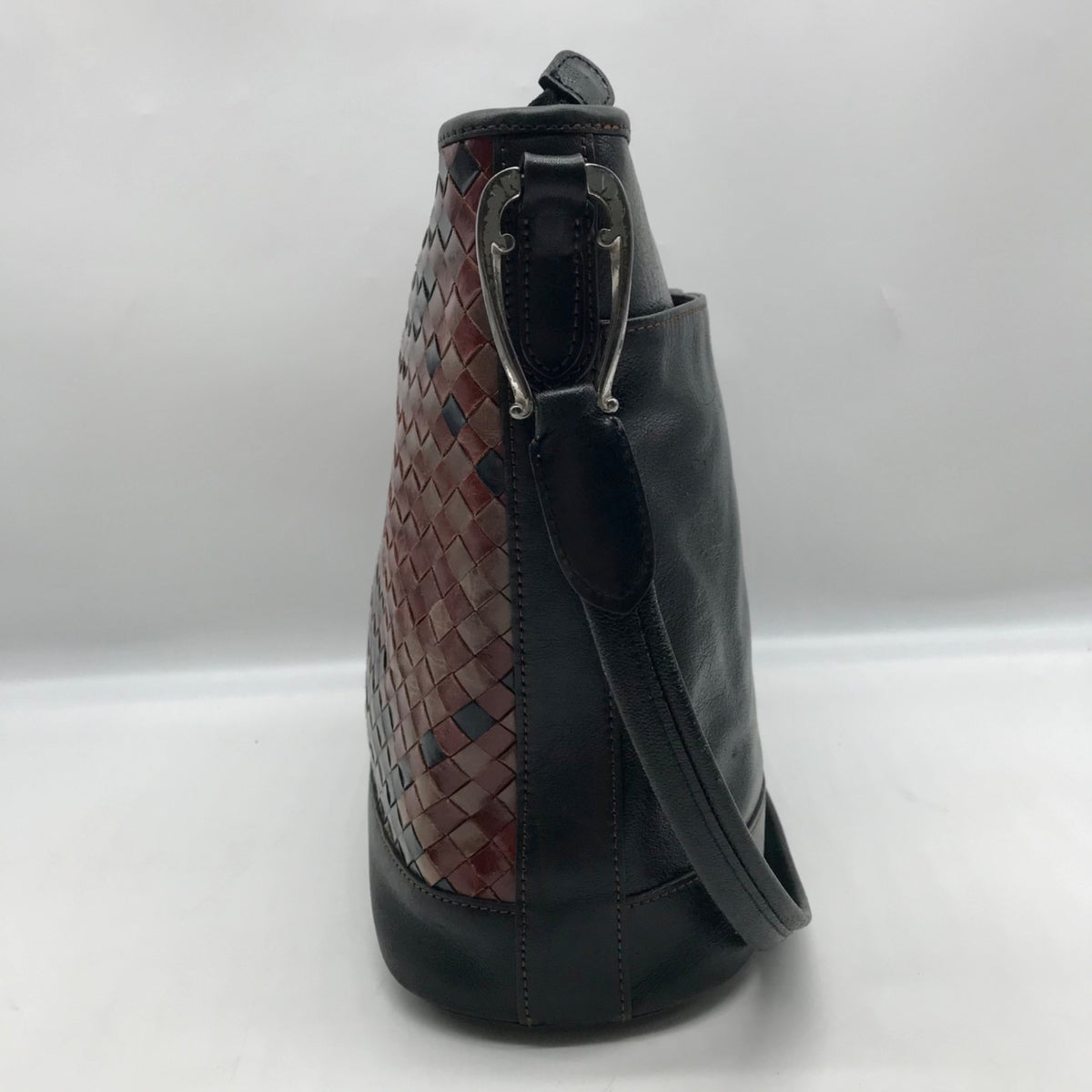 Brighton Patent Leather Vintage Black And Brown Woven Shoulder Bag