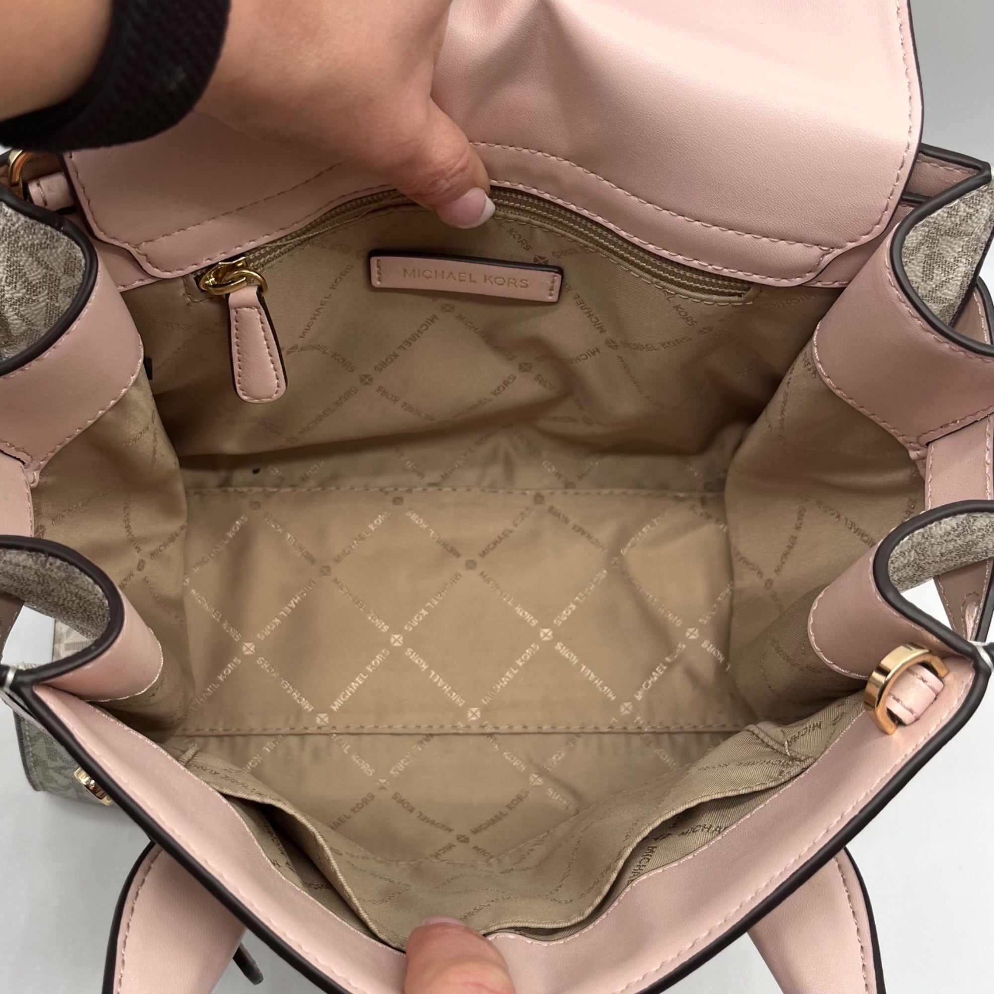 Michael Kors Carmen Vanilla/Powder Blush Signature Canvas Medium Belted Satchel