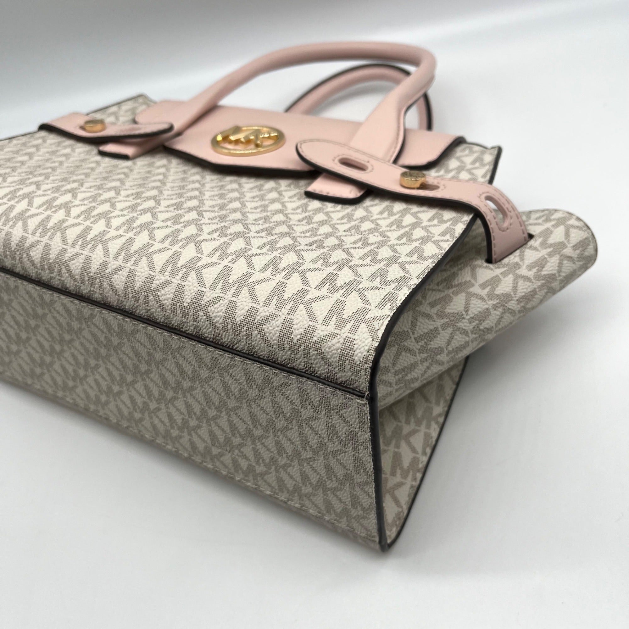 Michael Kors Carmen Vanilla/Powder Blush Signature Canvas Medium Belted Satchel