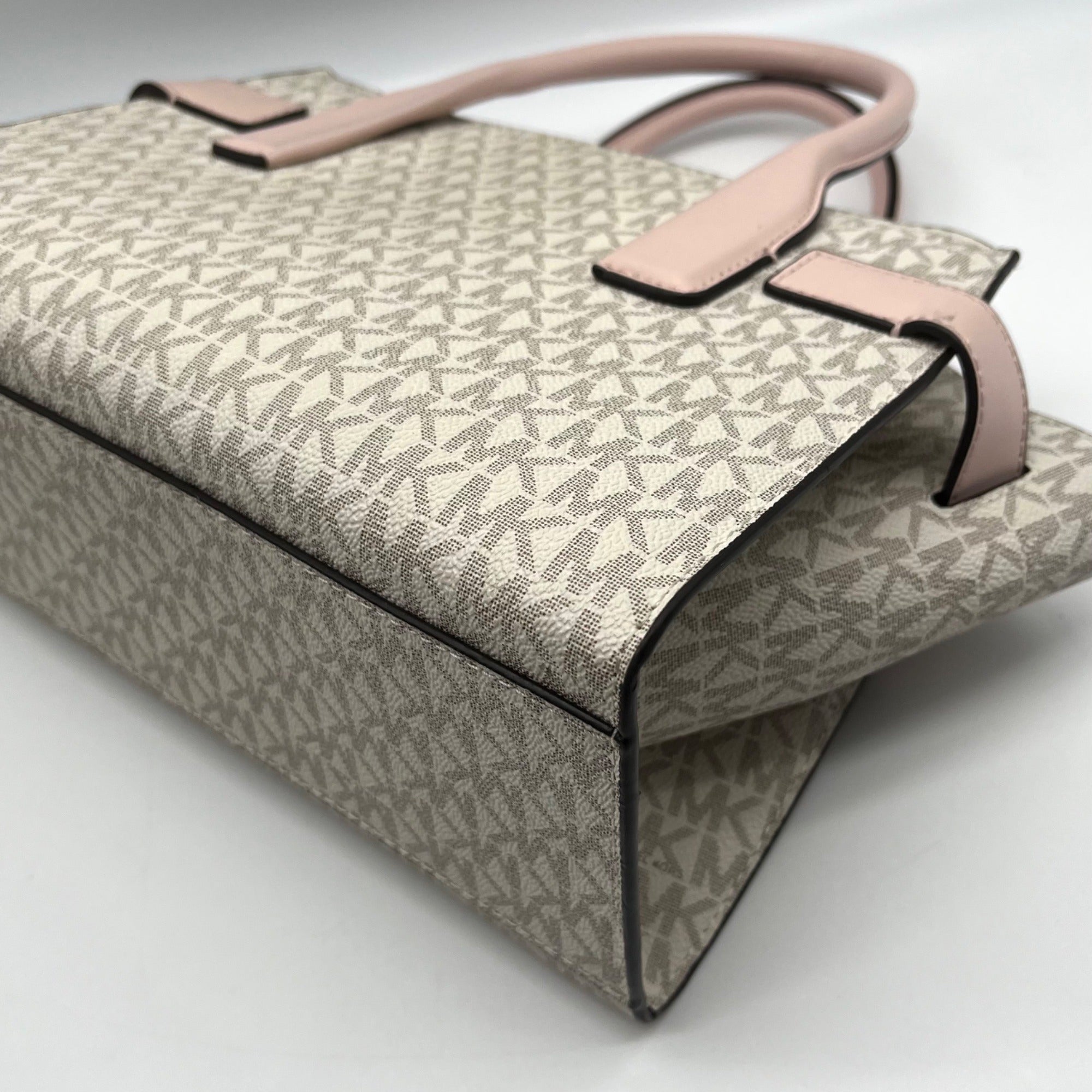 Michael Kors Carmen Vanilla/Powder Blush Signature Canvas Medium Belted Satchel