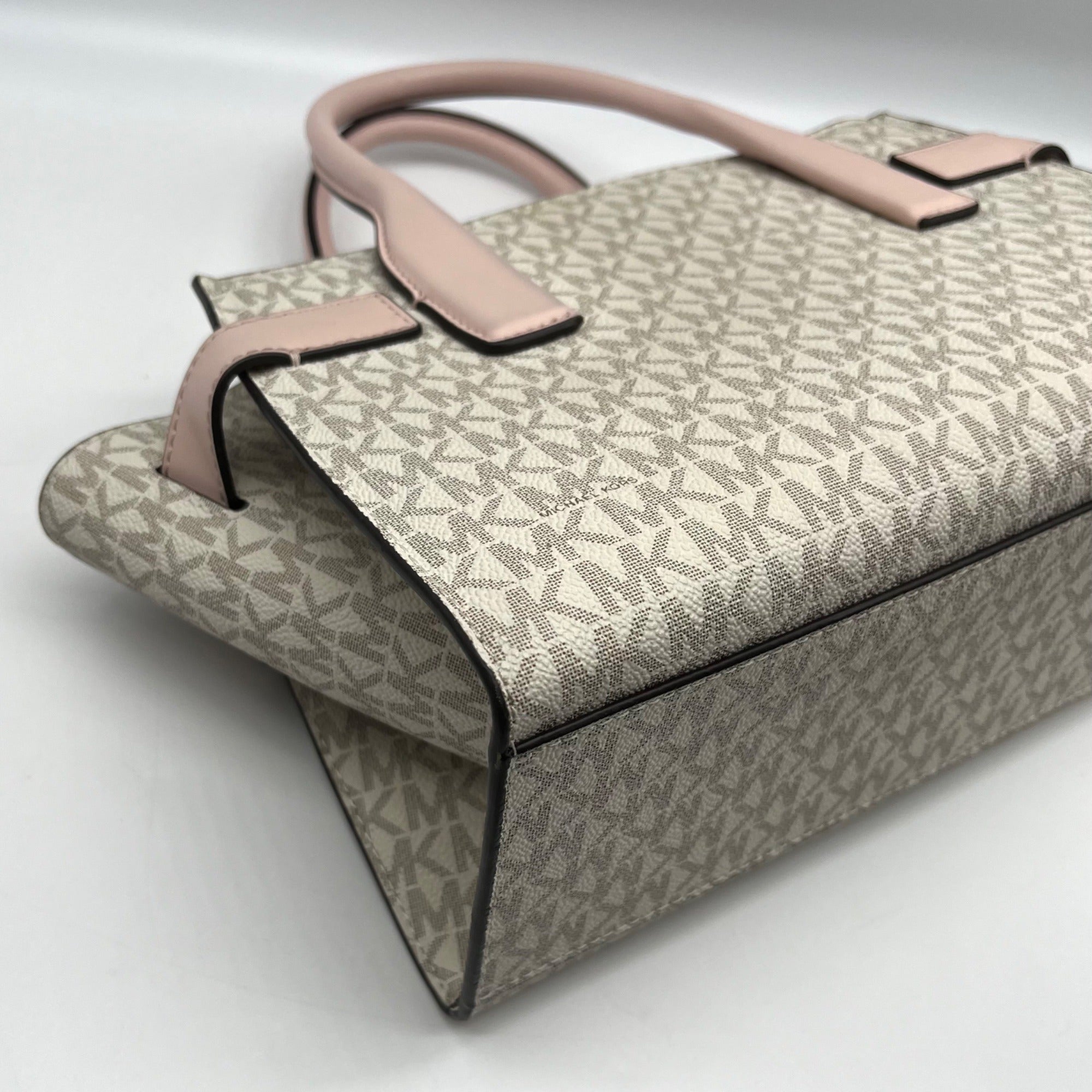 Michael Kors Carmen Vanilla/Powder Blush Signature Canvas Medium Belted Satchel