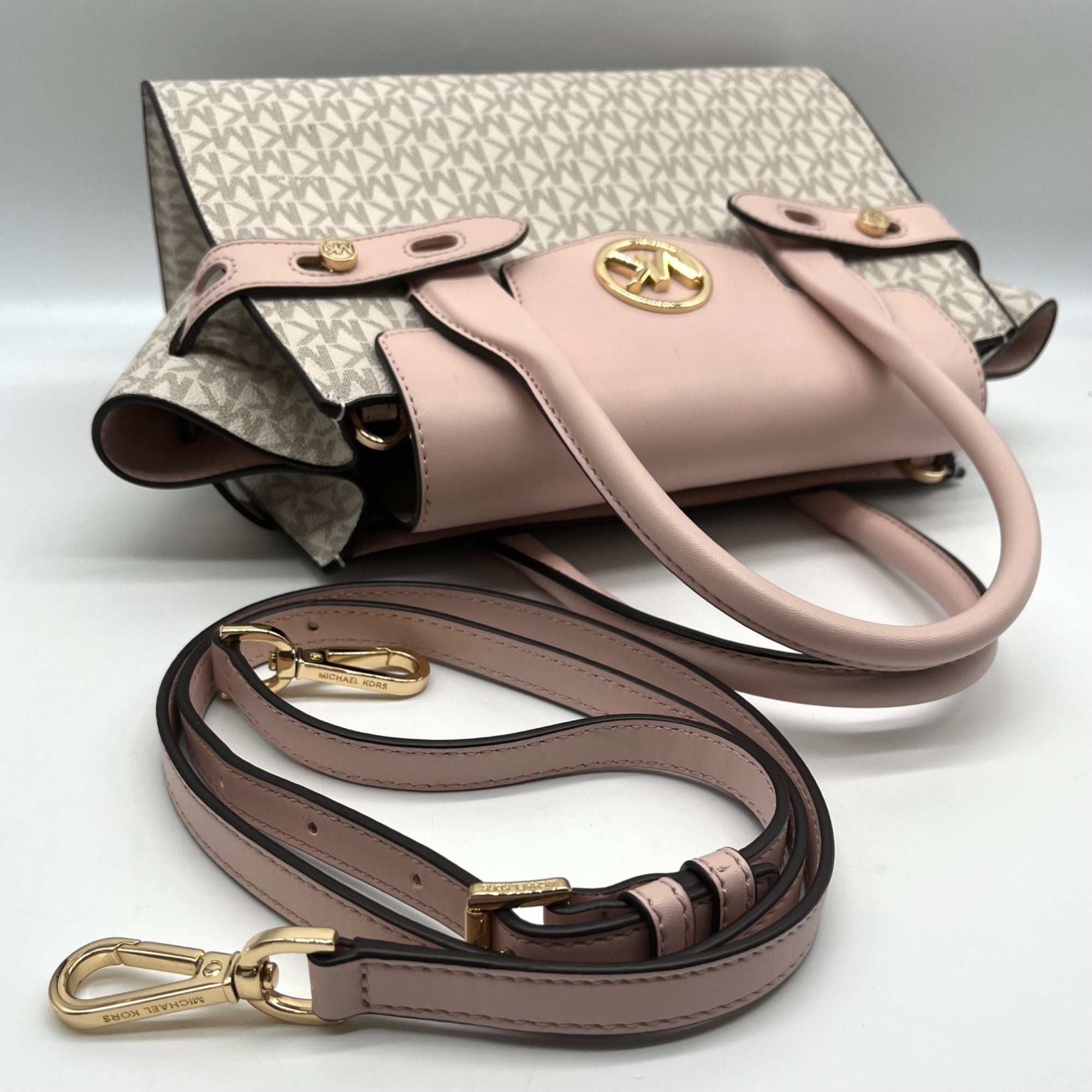 Michael Kors Carmen Vanilla/Powder Blush Signature Canvas Medium Belted Satchel