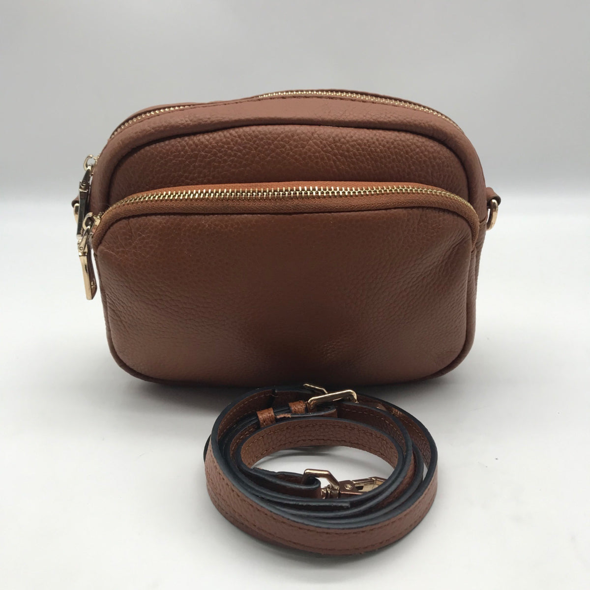 Pom Pom Brown Pebbled Leather Crossbody Bag