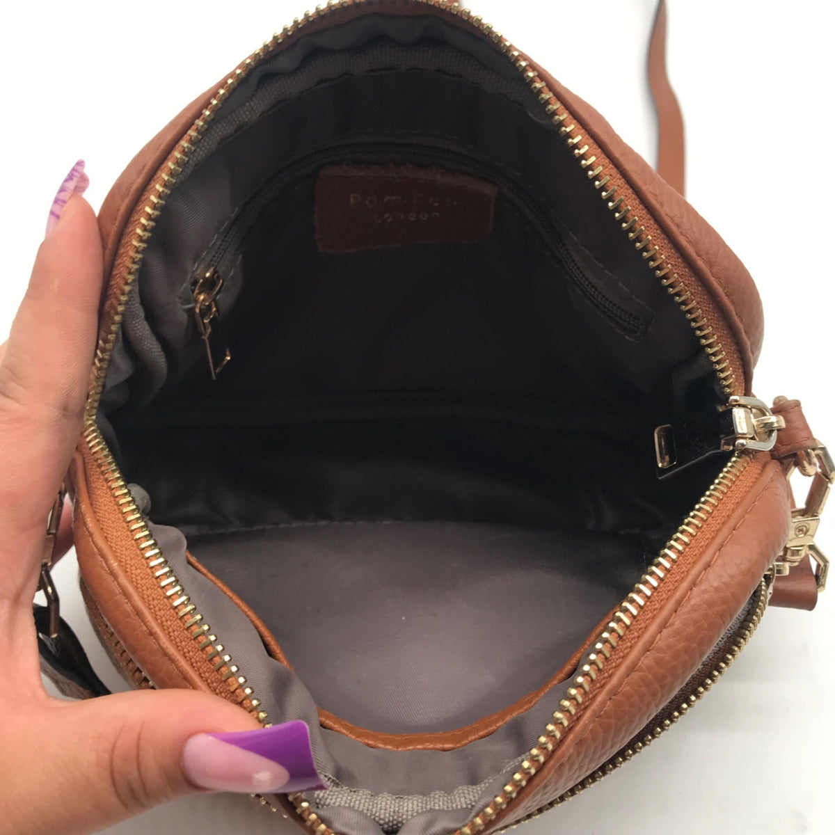 Pom Pom Brown Pebbled Leather Crossbody Bag
