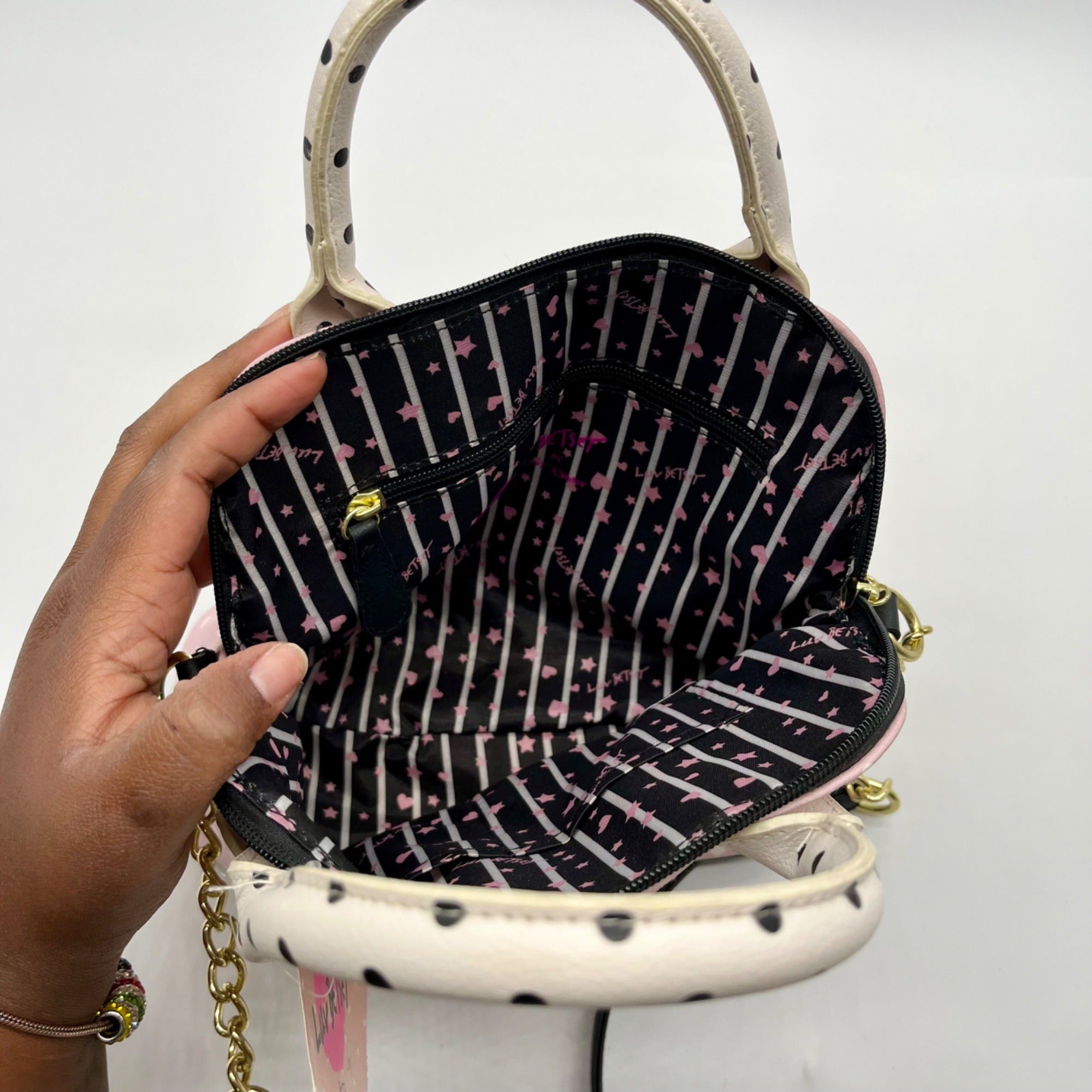 Betsey Johnson Pink &amp; White Polka Dot Cat Face Tote Bag