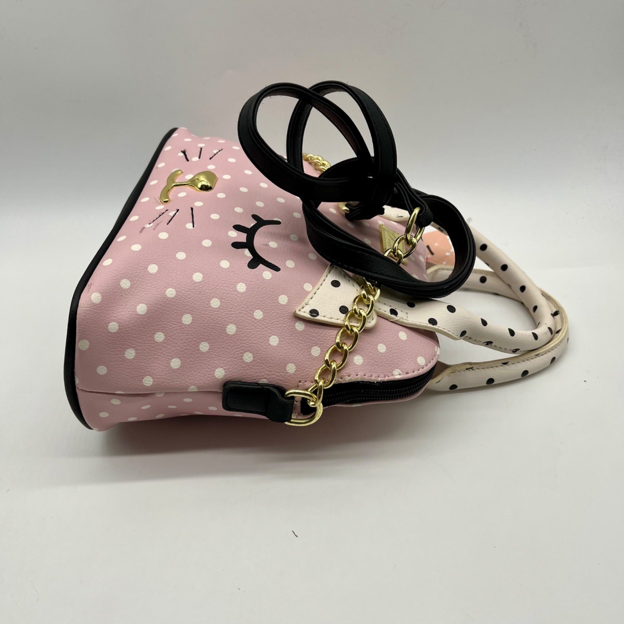 Betsey Johnson Pink &amp; White Polka Dot Cat Face Tote Bag