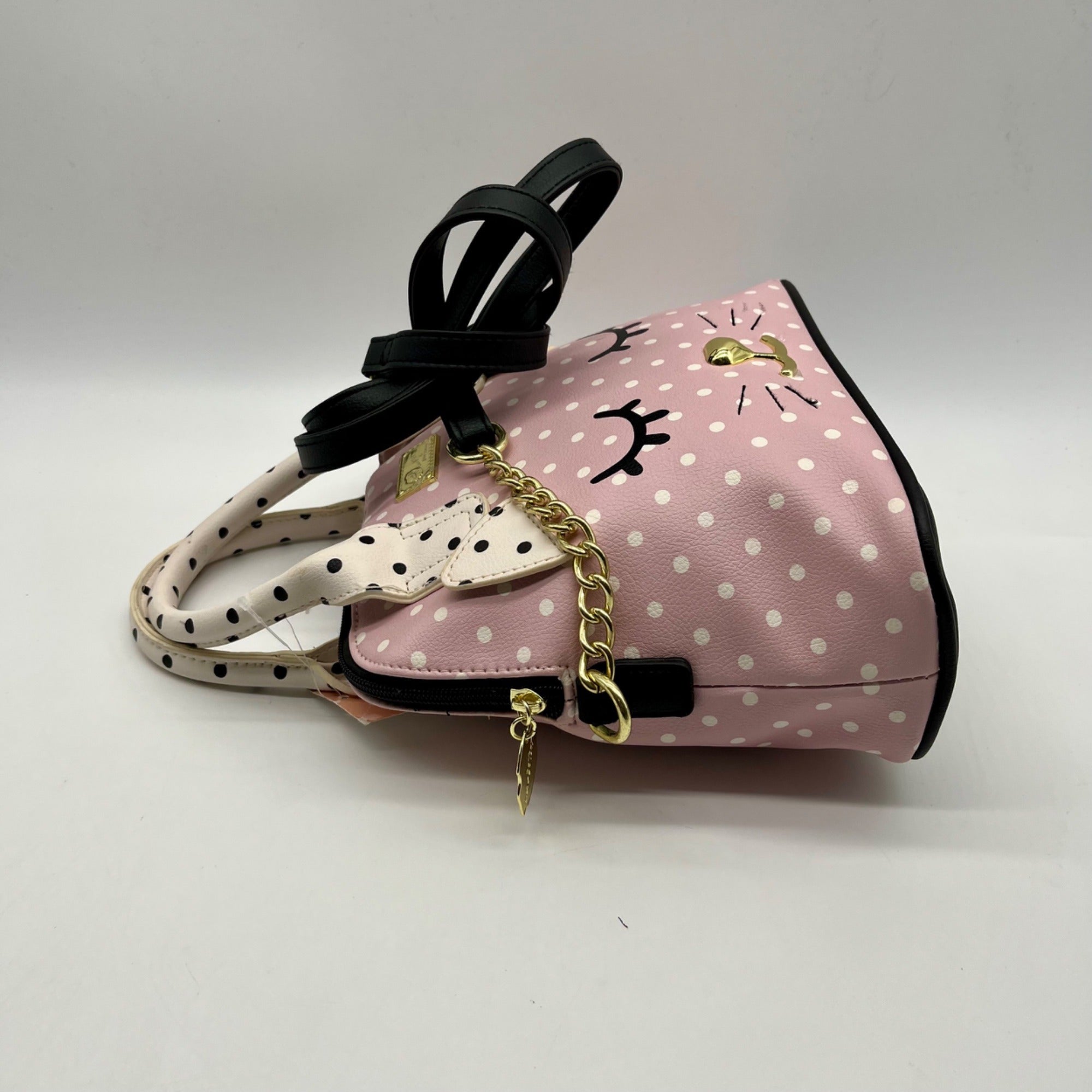 Betsey Johnson Pink &amp; White Polka Dot Cat Face Tote Bag