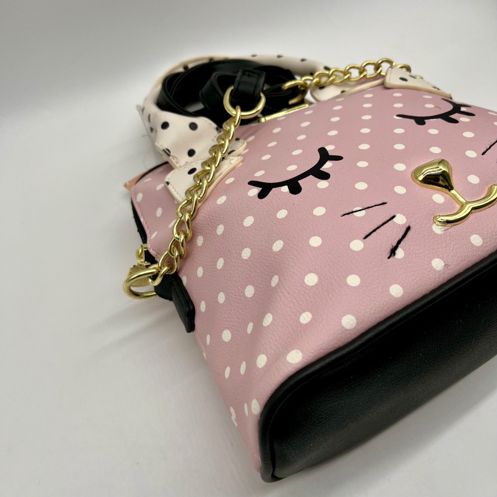 Betsey Johnson Pink &amp; White Polka Dot Cat Face Tote Bag