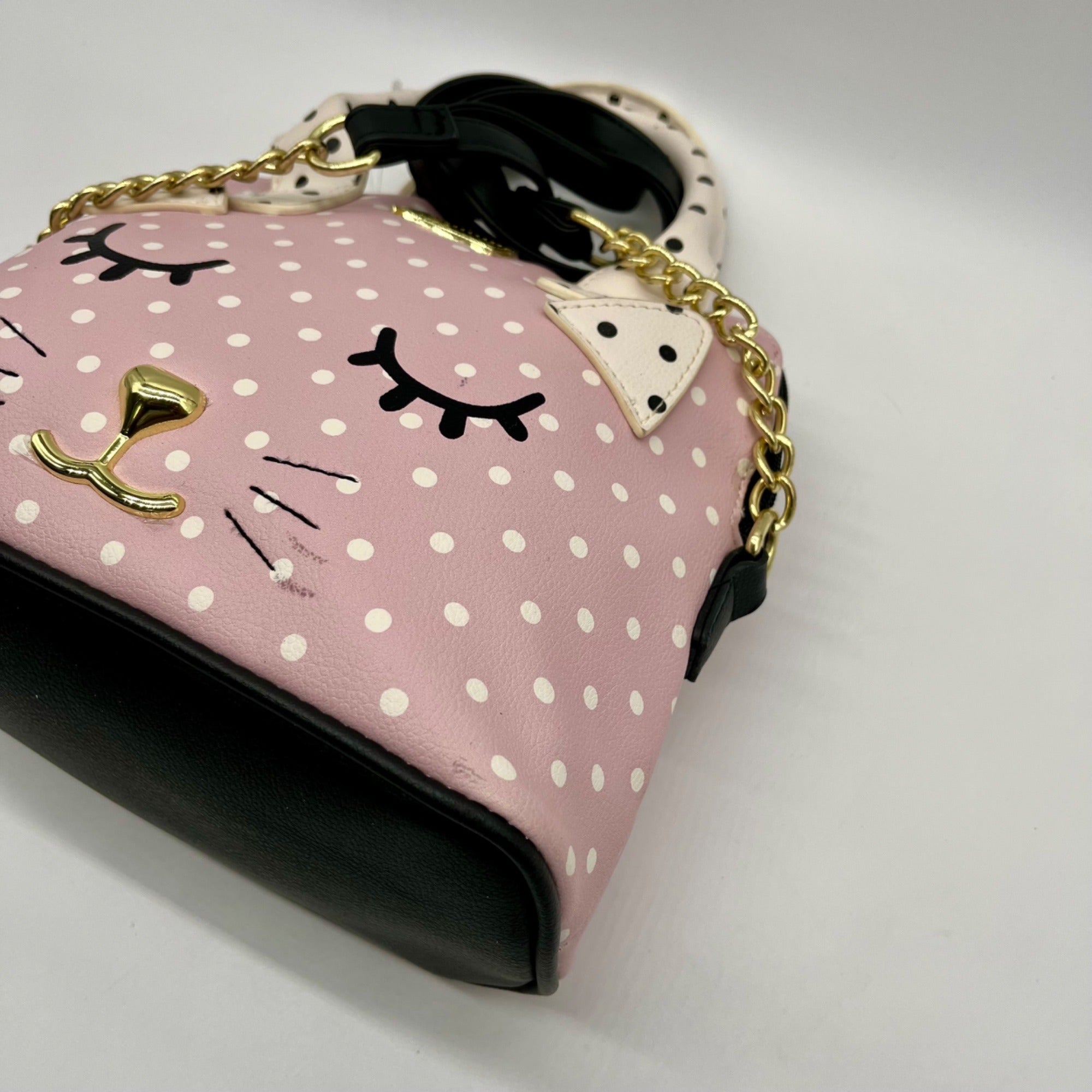 Betsey Johnson Pink &amp; White Polka Dot Cat Face Tote Bag