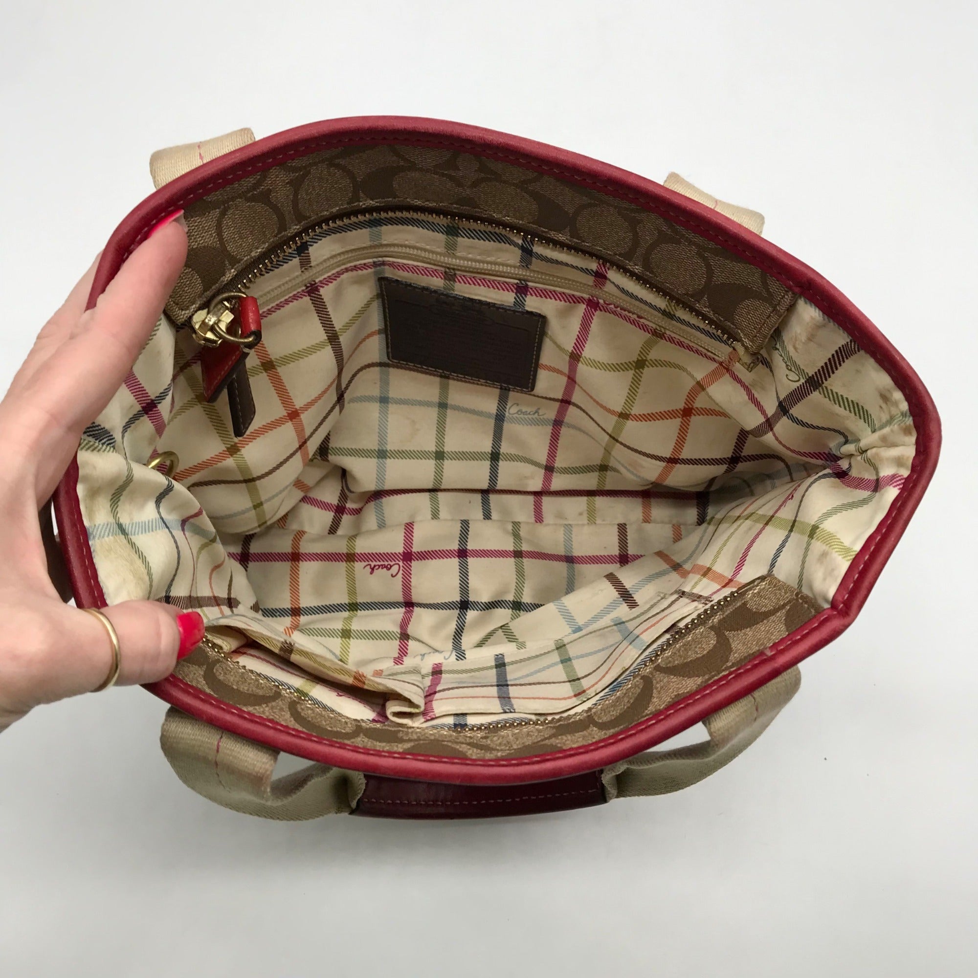 Coach Brown Monogram Canvas Pink Heritage Stripe Tote Bag 11349