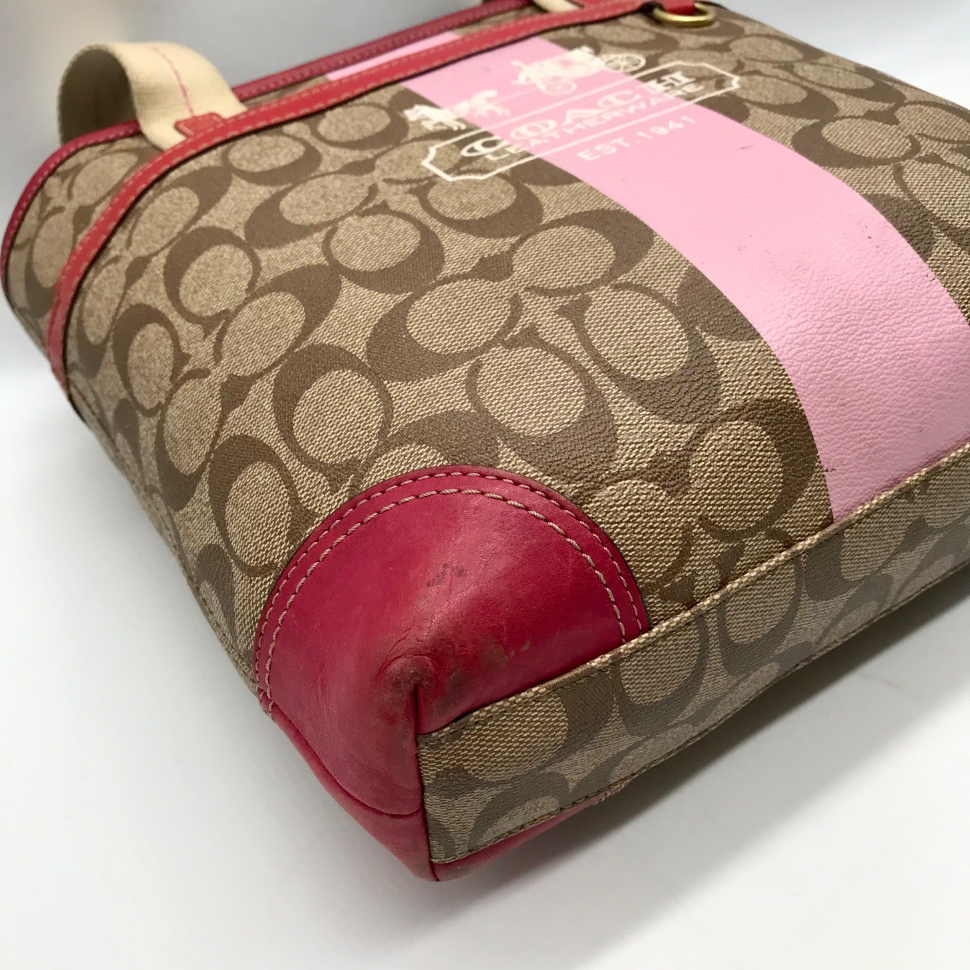 Coach Brown Monogram Canvas Pink Heritage Stripe Tote Bag 11349
