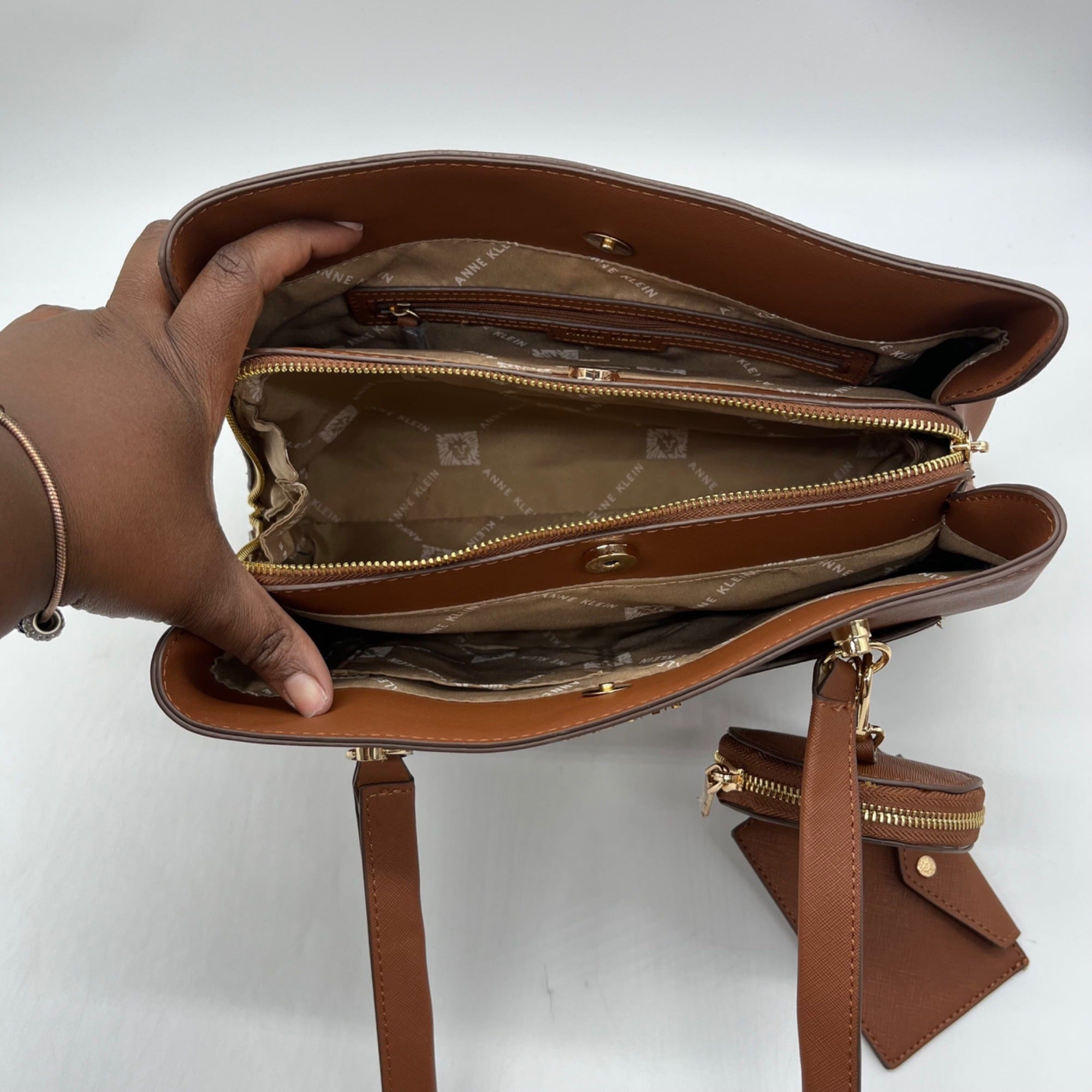 Anne Klein Brown Faux Leather Medium Triple Compartment Satchel Bag