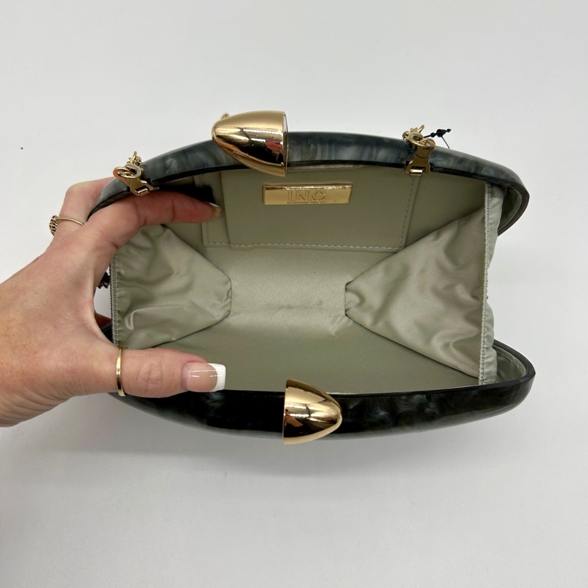 INC Sleek Acrylic Swirled Black &amp; Grey Clutch/Crossbody Bag