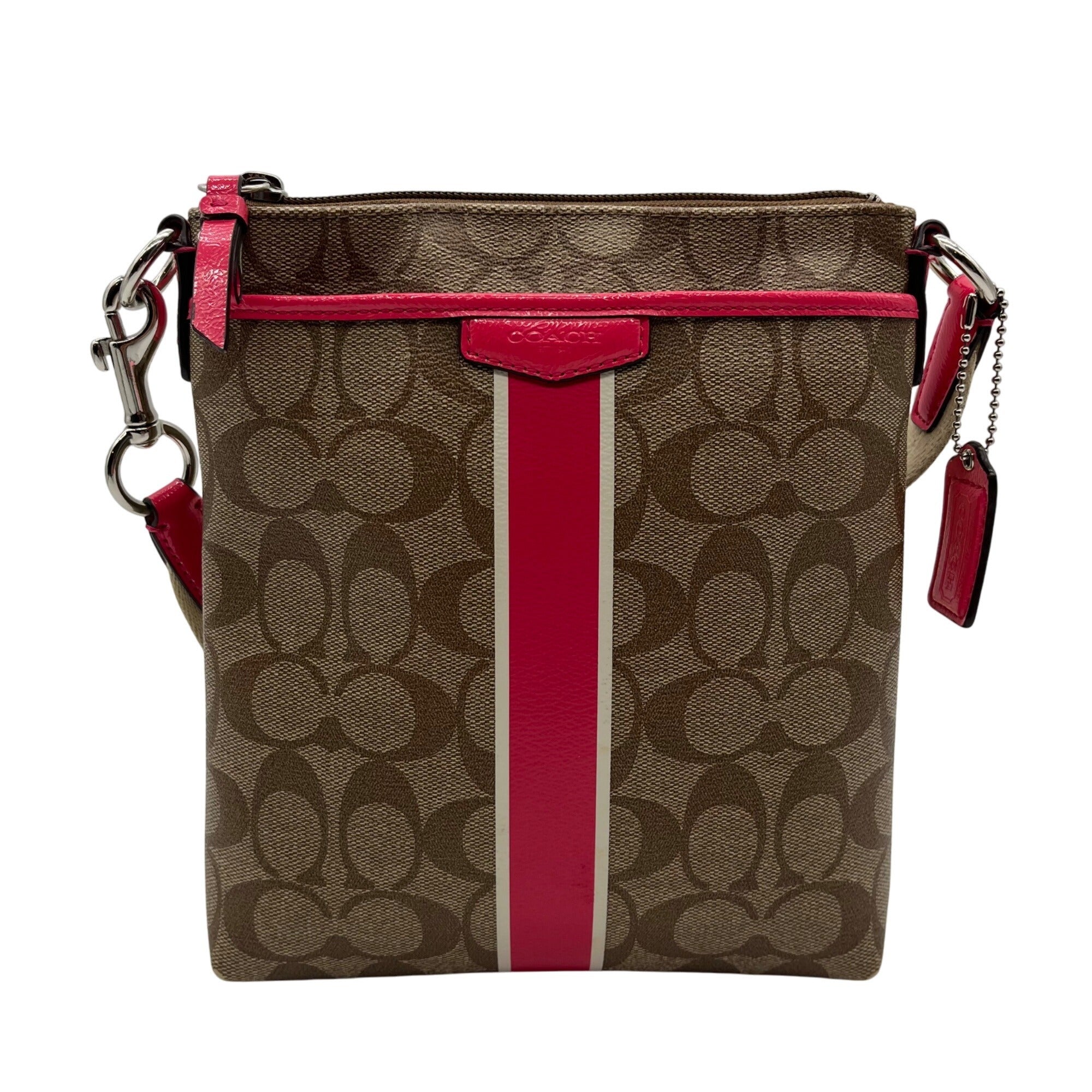 Coach Brown Coated Canvas Signature Pink Stripe Swingpack Bag