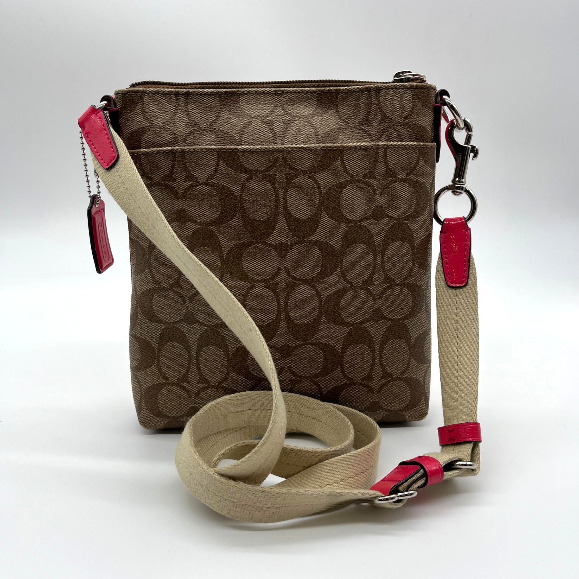 Coach Brown Coated Canvas Signature Pink Stripe Swingpack Bag