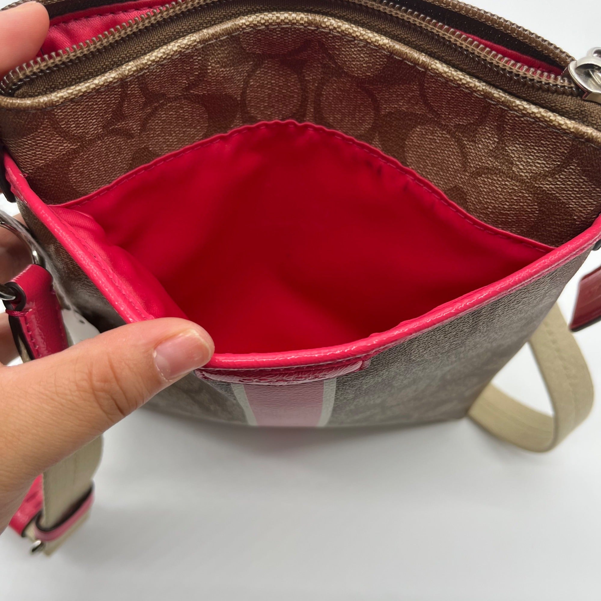 Coach Brown Coated Canvas Signature Pink Stripe Swingpack Bag