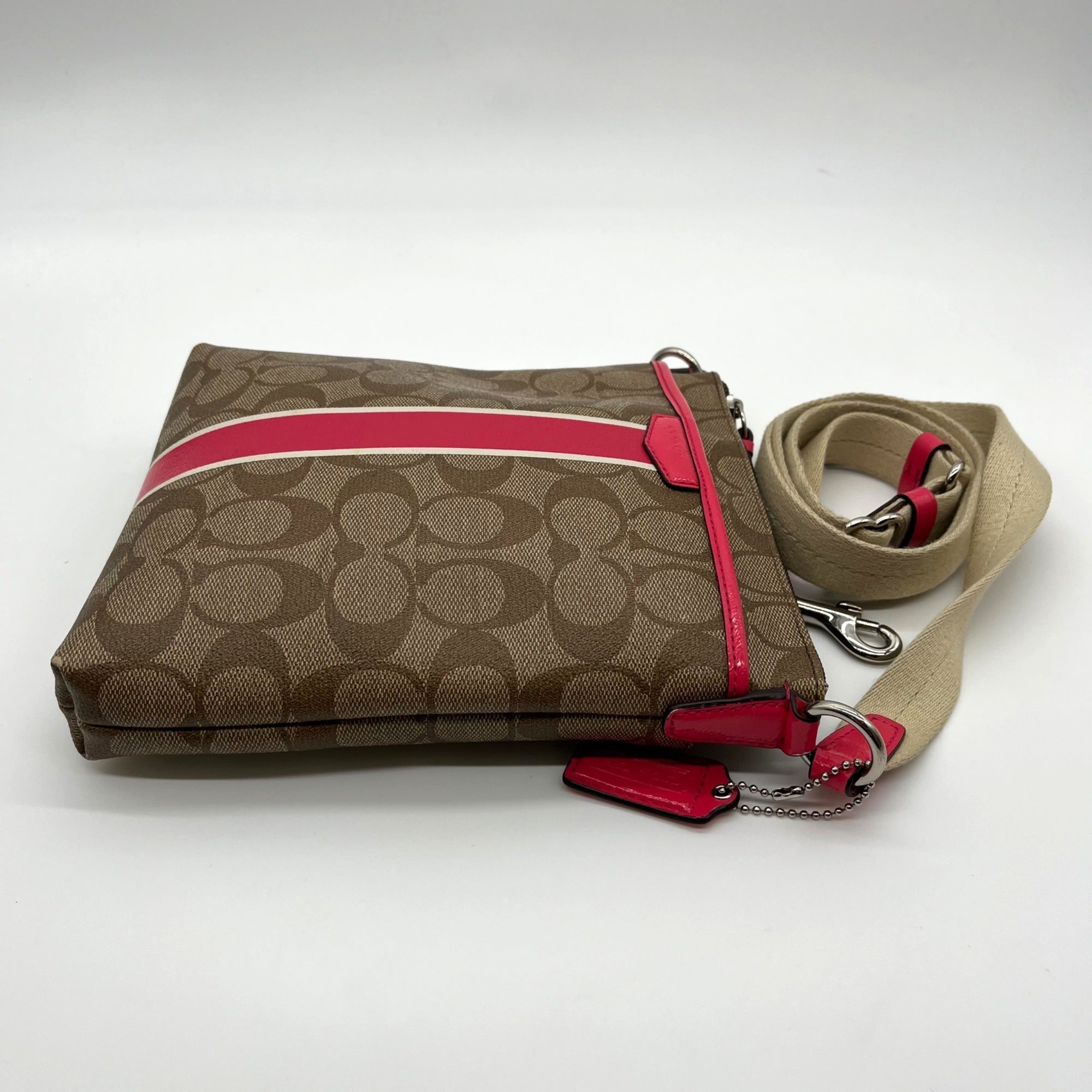 Coach Brown Coated Canvas Signature Pink Stripe Swingpack Bag