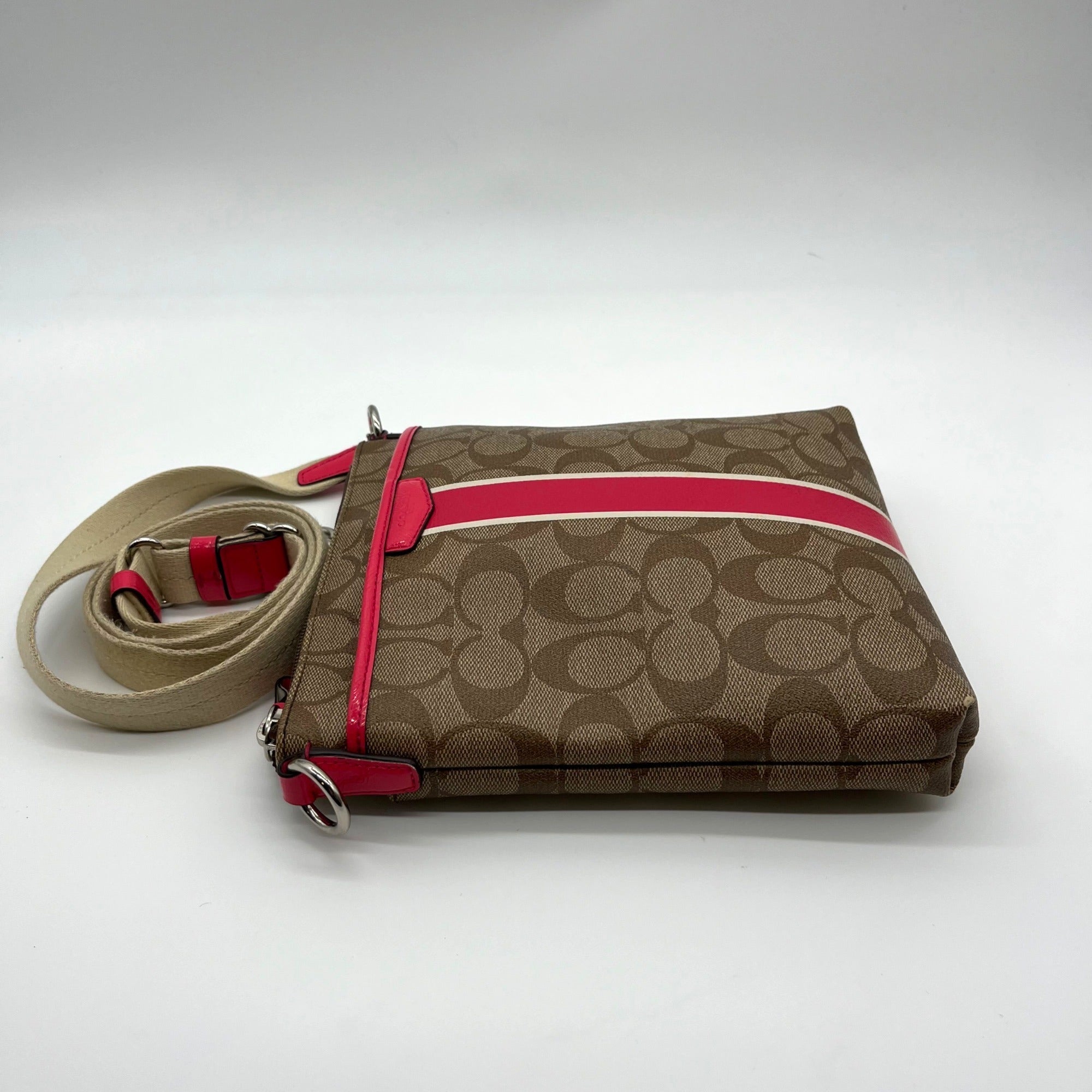 Coach Brown Coated Canvas Signature Pink Stripe Swingpack Bag