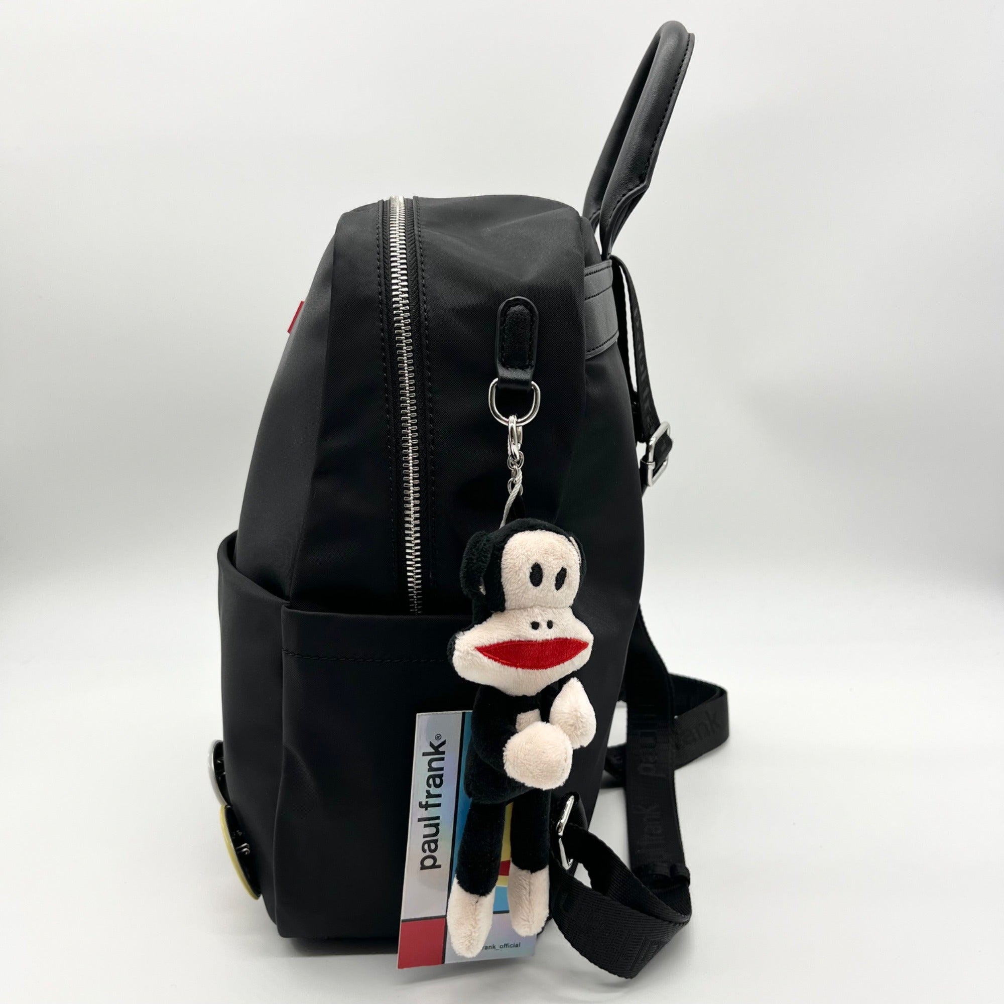 Paul Frank Black Nylon Backpack W/ Monkey Charm and Three Pins