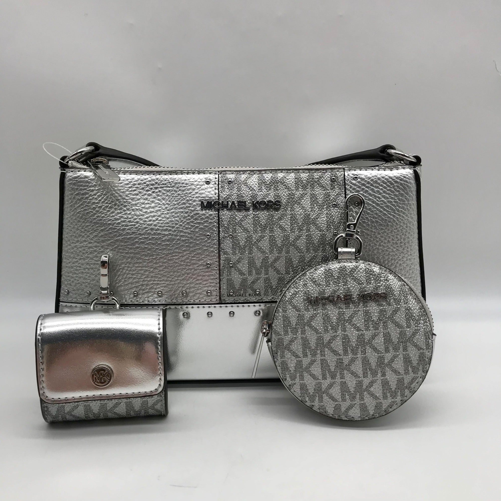 Michael Kors Silver Leather Jet Set Travel Tech Crossbody Bag