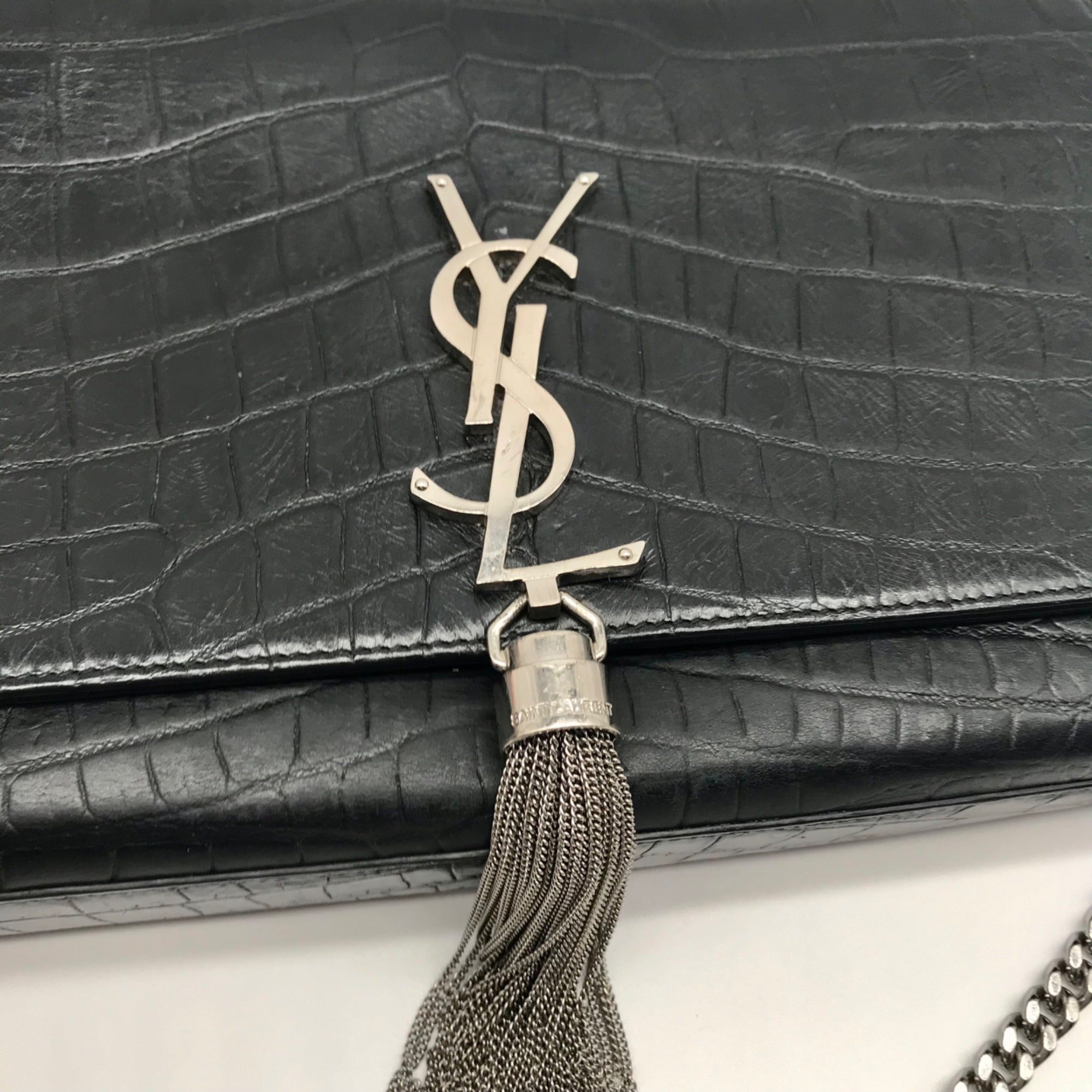 Yves Saint Laurent Black Croc Embossed Leather Kate Shoulder Bag