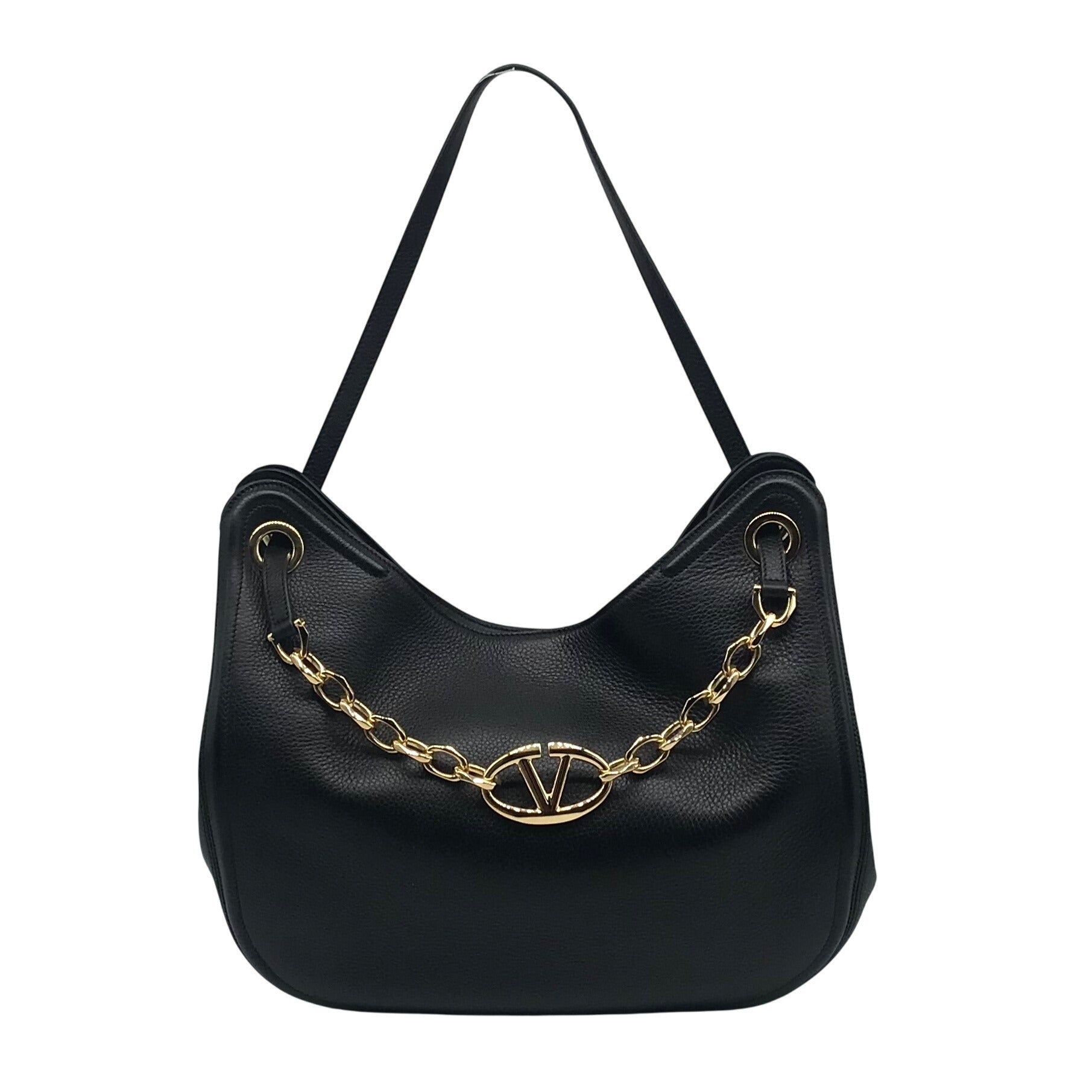 Black handbag with a gold chain detail on a white background
