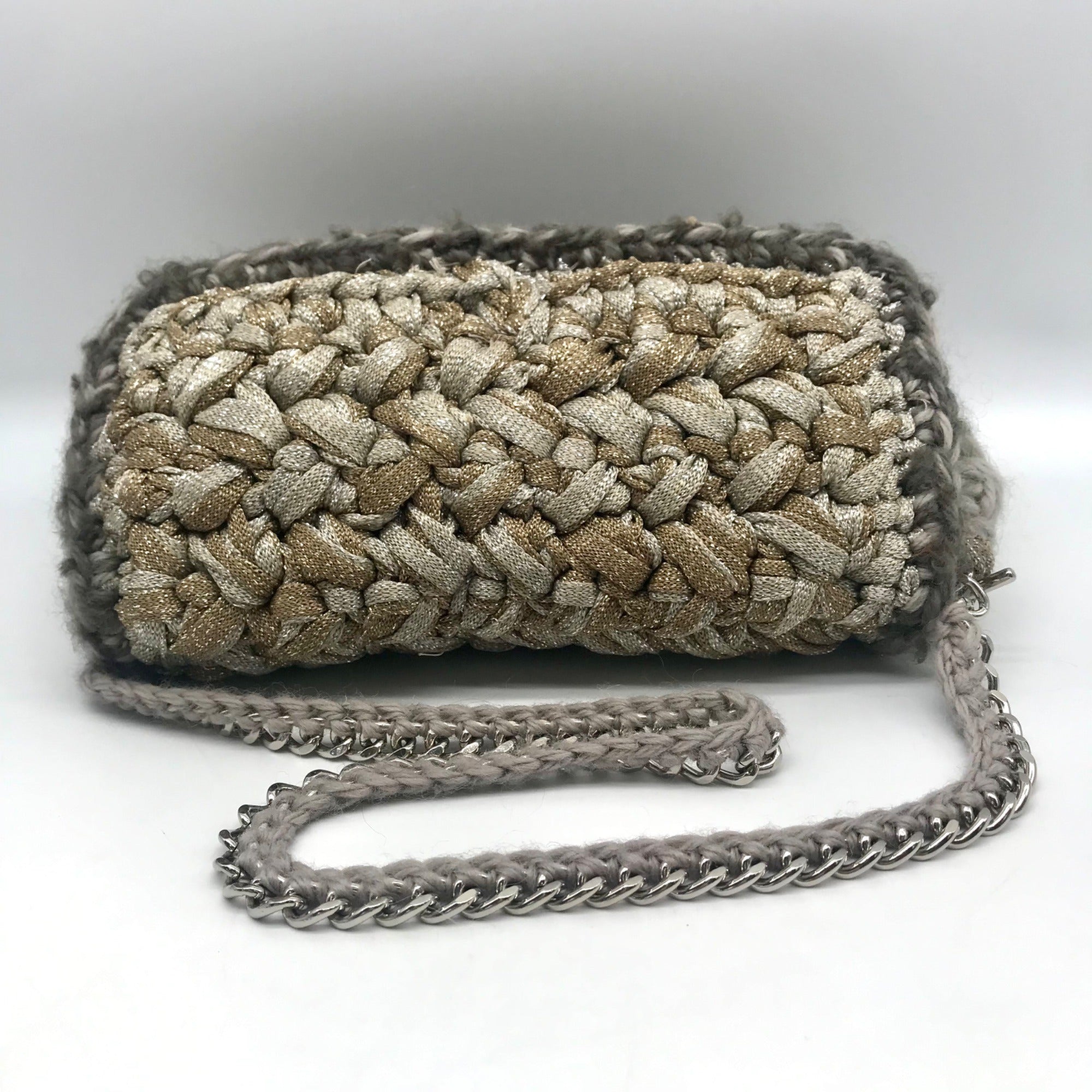 Lorenza Gandaglia Gray &amp; Gold Lurex Crochet Flap Shoulder Bag