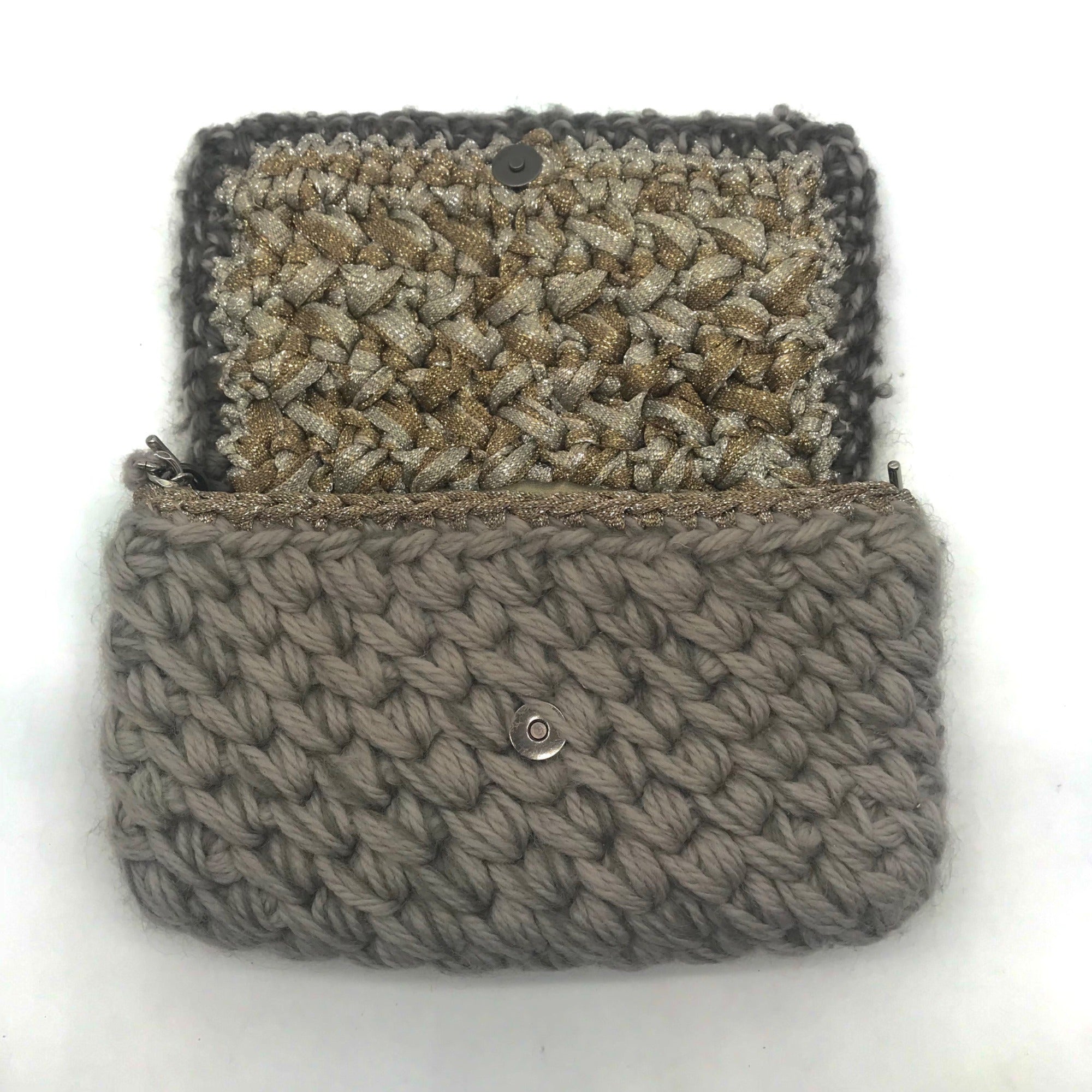Lorenza Gandaglia Gray &amp; Gold Lurex Crochet Flap Shoulder Bag