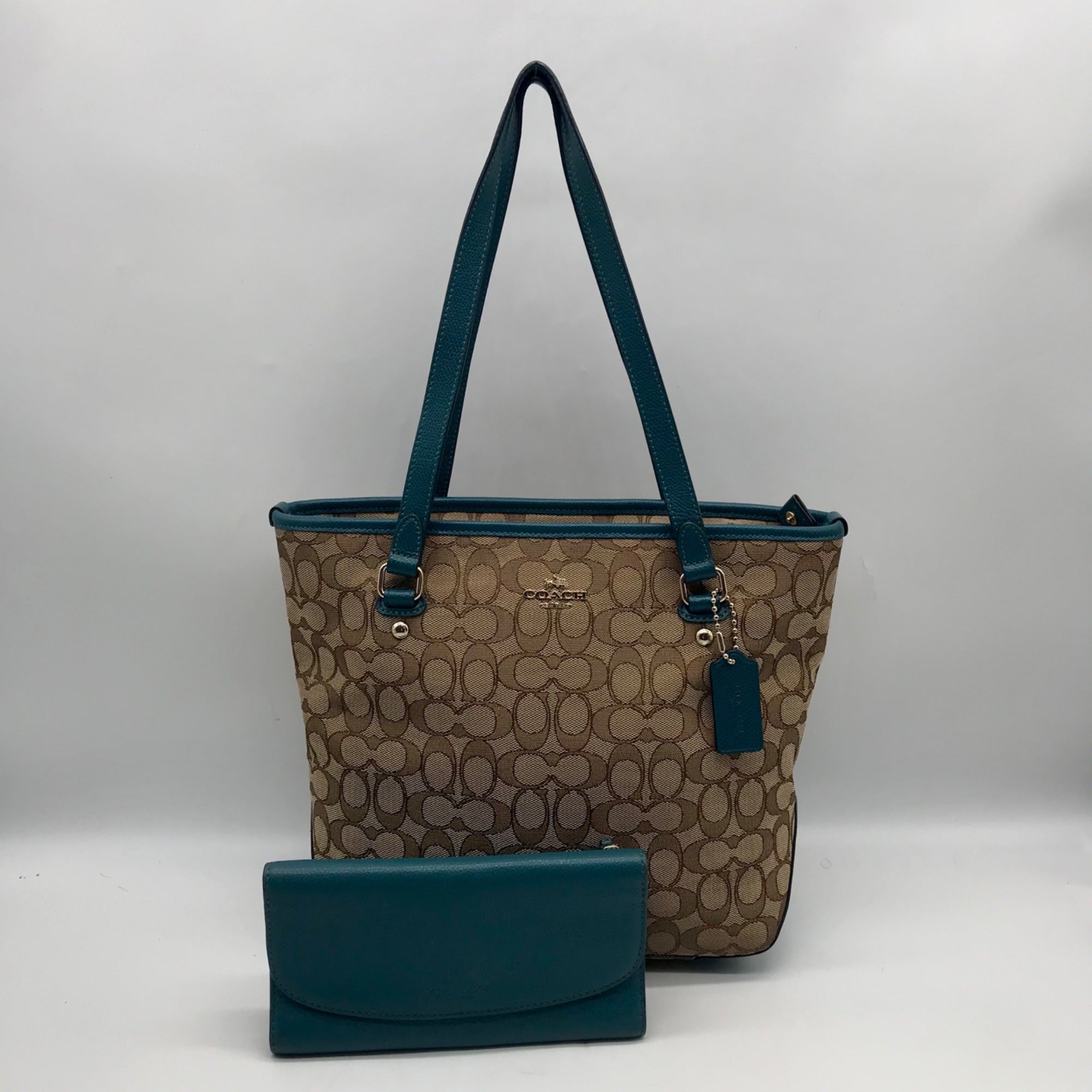 Coach Khaki  And Blue Trim Monogram Canvas Shoulder Bag &amp; Wallet