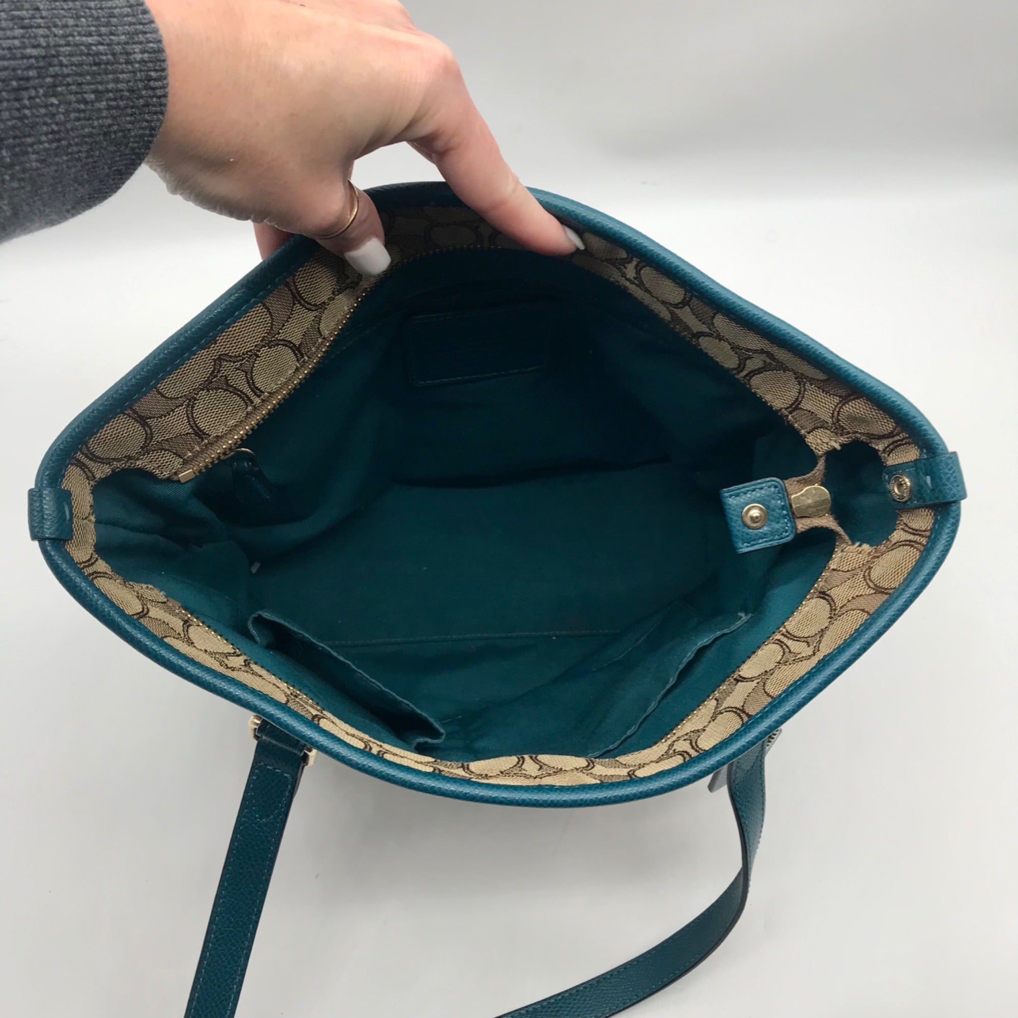 Coach Khaki  And Blue Trim Monogram Canvas Shoulder Bag &amp; Wallet