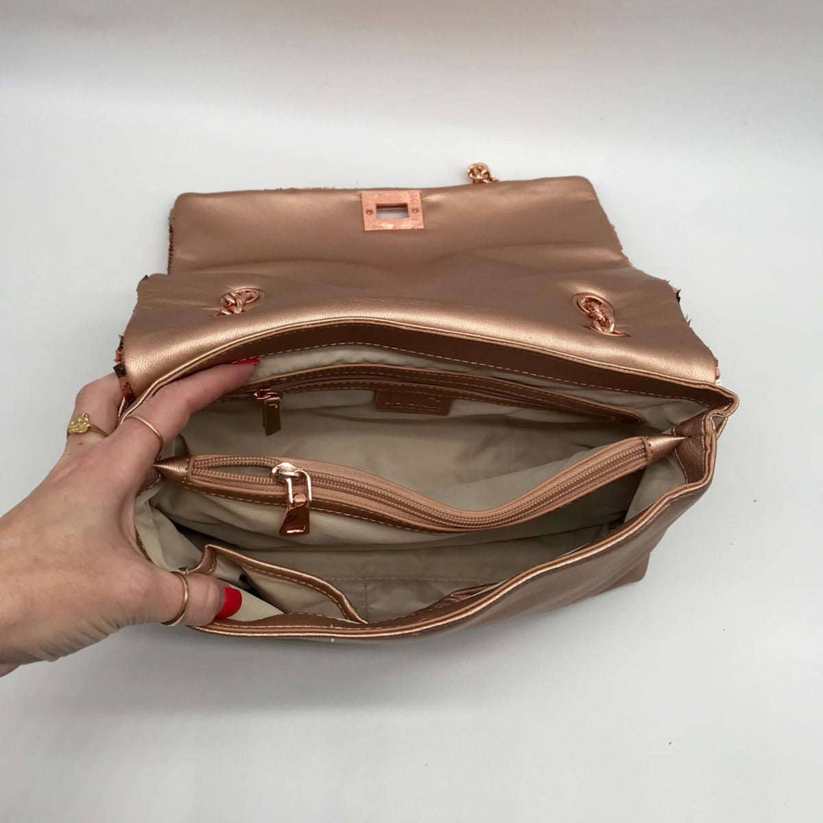 I.N.C. International Concepts Rose Gold Ajae Soft Sequin Top Handle Bag