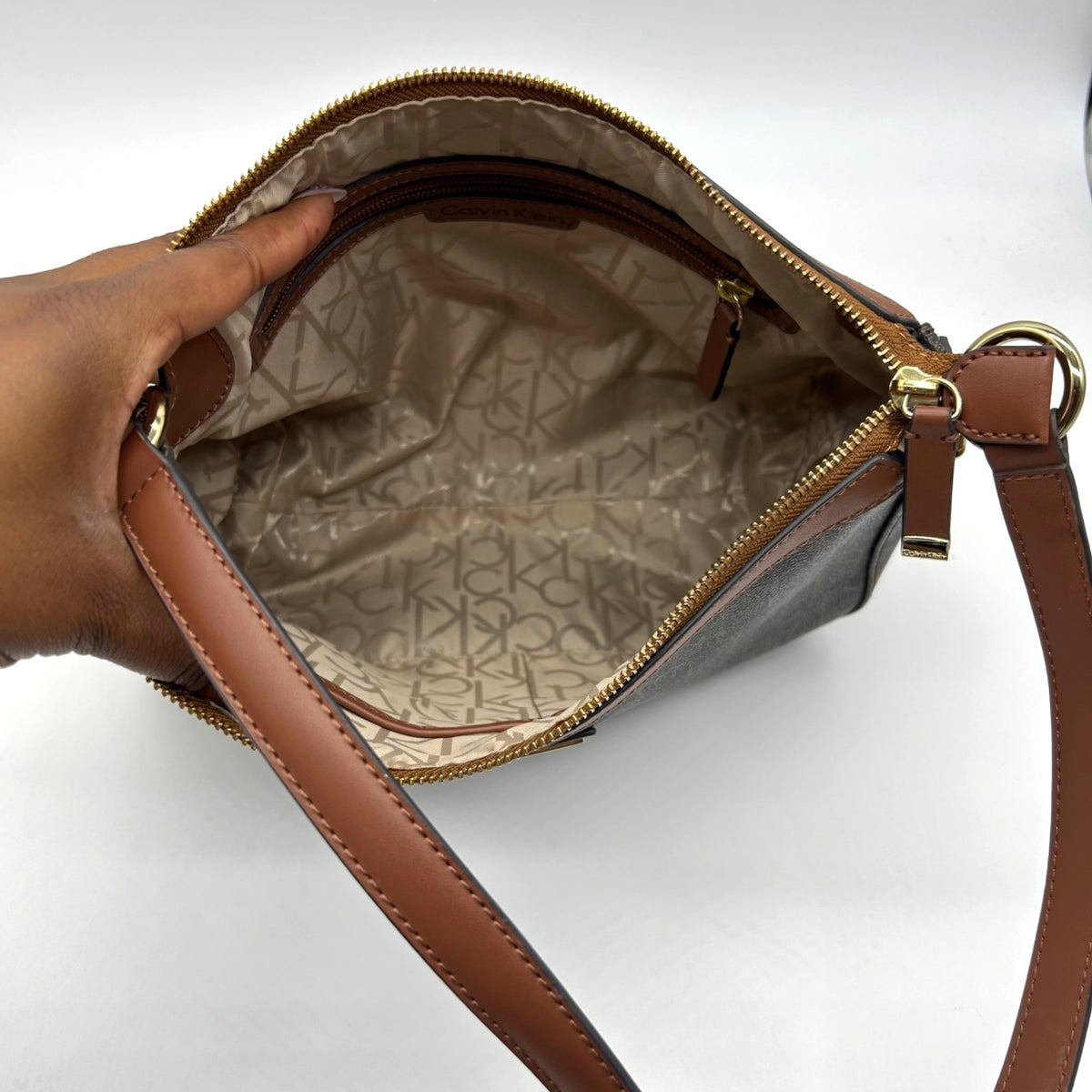 Calvin Klein Brown Monogram Zip-Top Shoulder Bag