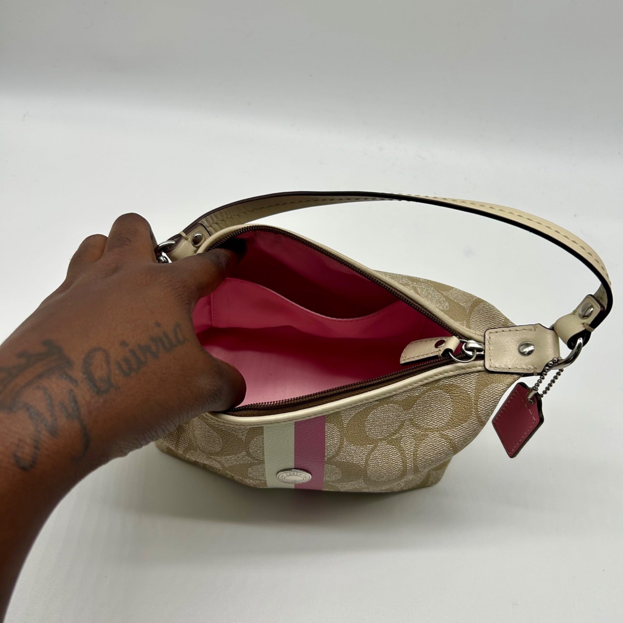 Coach Legacy Beige Canvas Signature Stripe Top Handle Bag