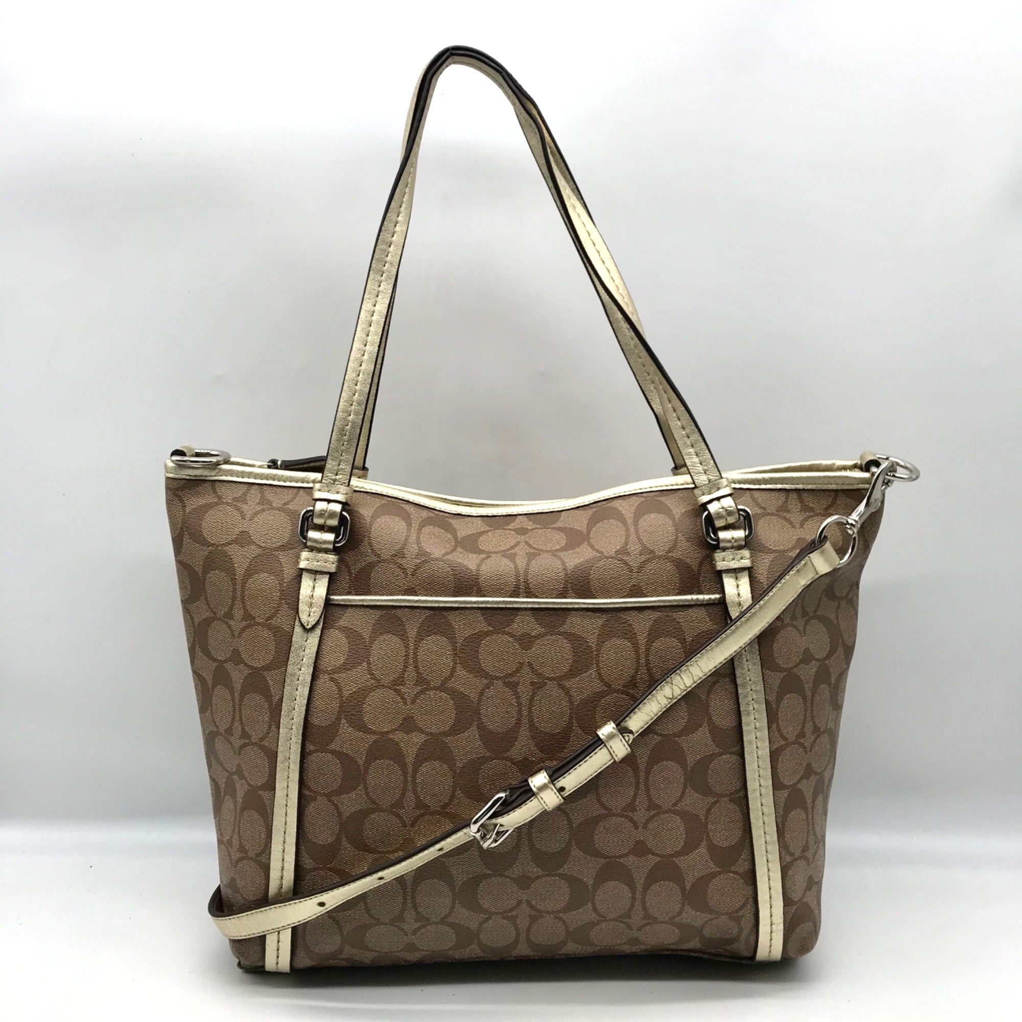 Coach Khaki and Gold Coated Canvas Peyton Pocket Large Tote Bag