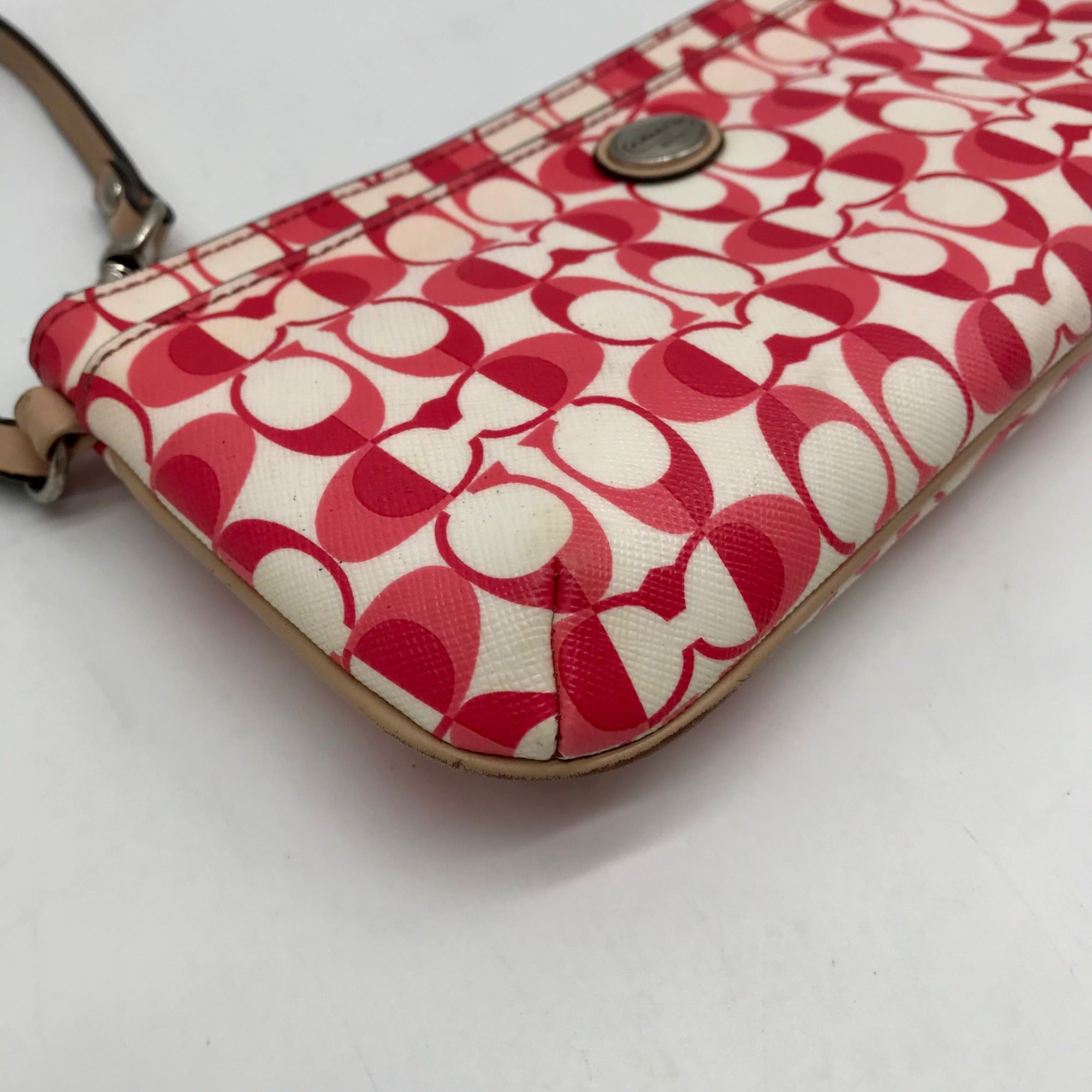 Coach Pink And White Coated Canvas Peyton Dream Monogram Wristlet